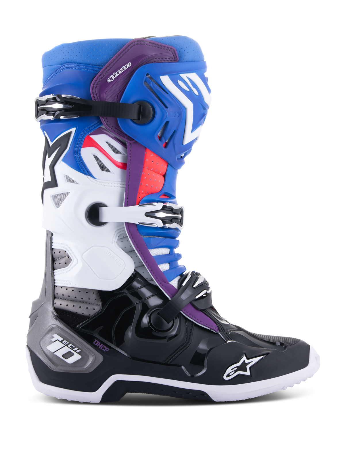 Alpinestars Tech 10 Supervented Boots, buty motocrossowe, niebieskie, fioletowe, białe, czarne i czerwone, widok z profilu prezentujący system trzech klamer, strefy wentylacyjne oraz logo gwiazdy Alpinestars