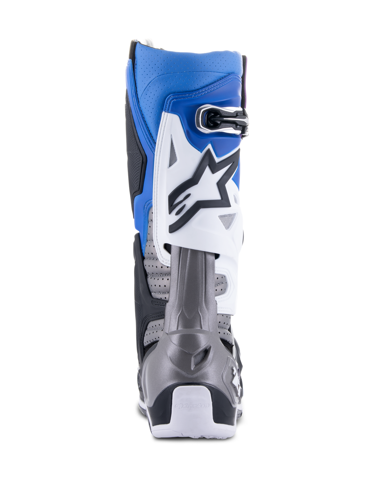 Alpinestars Tech 10 Supervented Boots, buty motocrossowe, czarno-niebiesko-fioletowo-białe, widok z tyłu z perforowaną mikrofibrą dla lepszej wentylacji, niebiesko-biała cholewka z szarą ochroną pięty, profesjonalny sprzęt wyścigowy off-road
