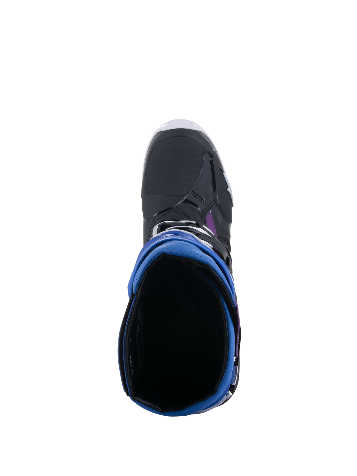 Buty Alpinestars Tech 10 Supervented, widok z góry na otwór buta, kolorystyka Black Enamel Blue Purple White, widoczna wyściółka z siatki 3D i niebieski gaiter, profesjonalne obuwie motocrossowe