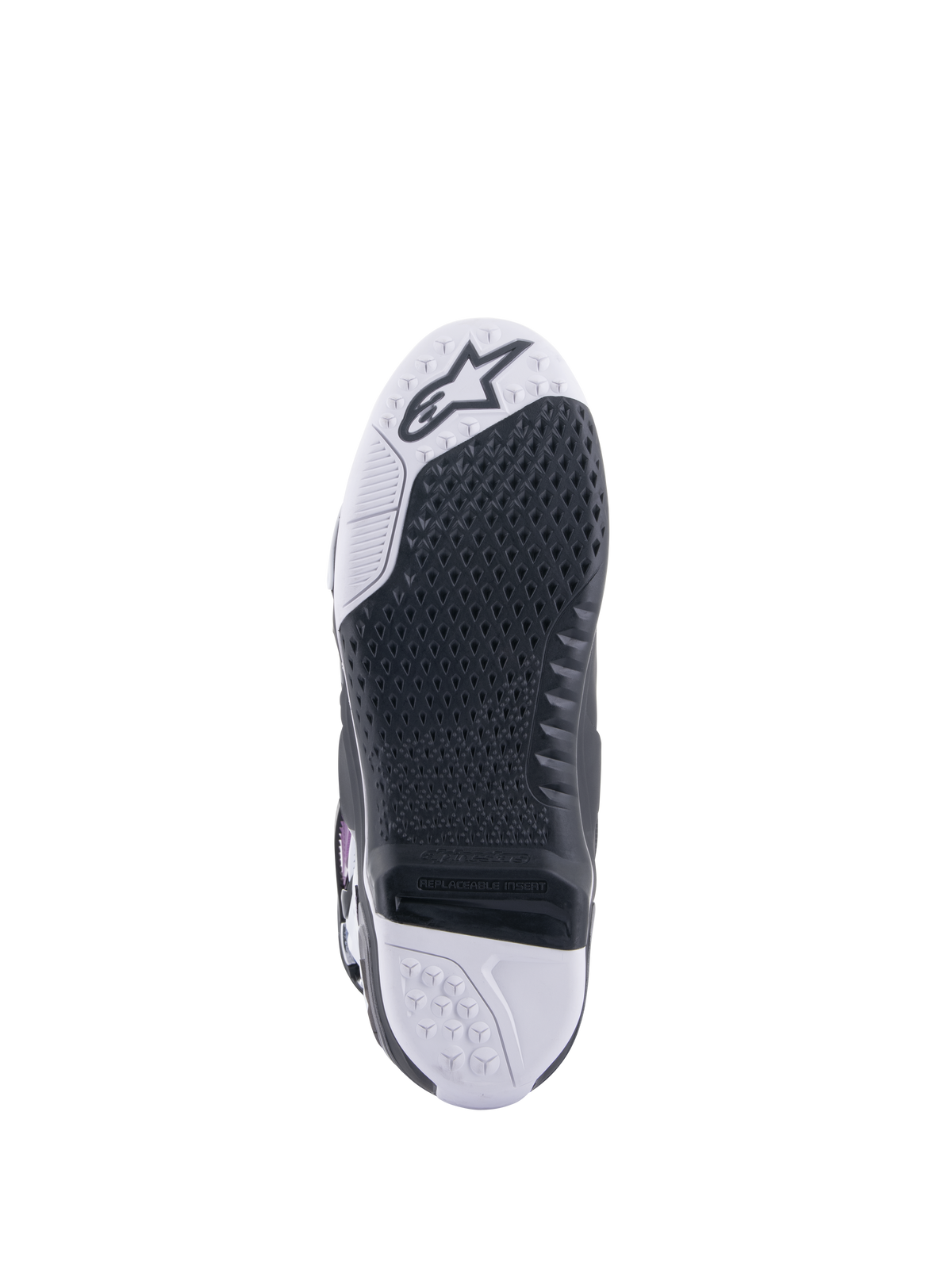 Alpinestars Tech 10 Supervented Boots, buty motocrossowe, widok na podeszwę, czarny wzór plastra miodu na biało-czarnej podstawie, wymienny wkład środkowy, logo Alpinestars na palcach