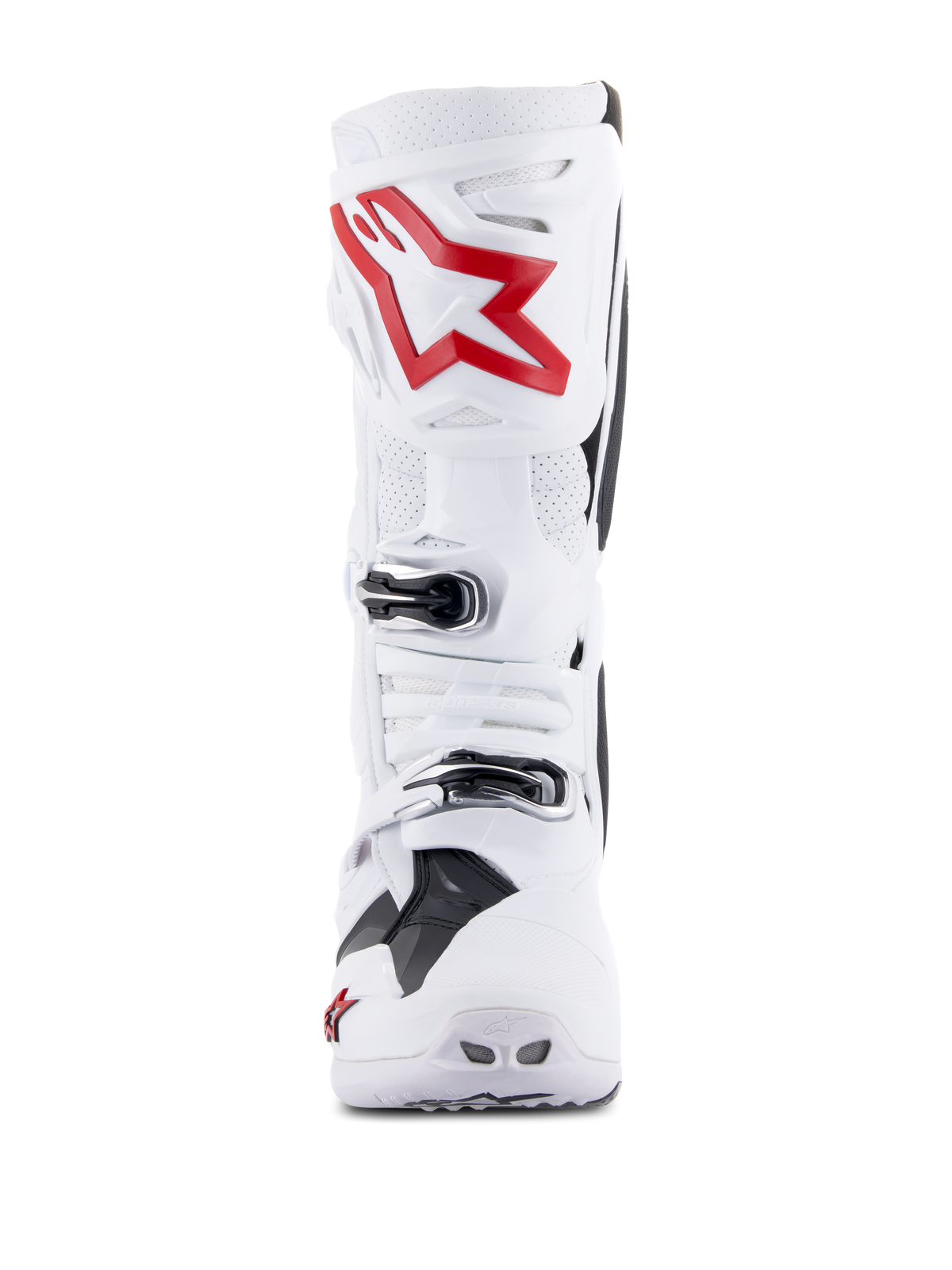 Buty Alpinestars Tech 10 Supervented, białe i jaskrawoczerwone, widok z przodu prezentujący wentylowane panele perforowane, duże czerwone logo z gwiazdą na płycie piszczelowej, regulowane srebrne klamry i profesjonalny design motocrossowy.
