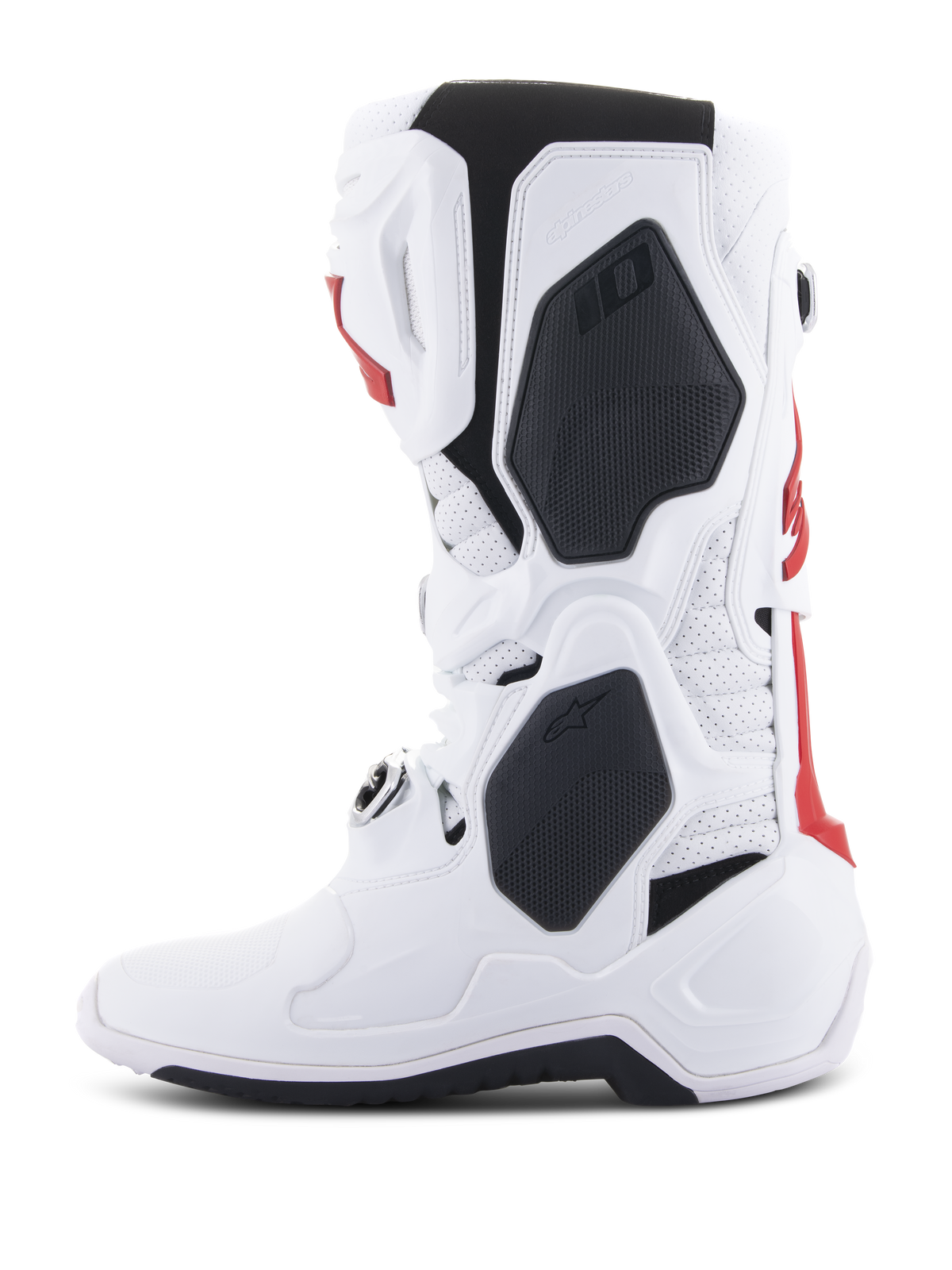 Alpinestars Tech 10 Supervented Boots, buty motocrossowe, białe i jaskrawoczerwone z czarnymi akcentami, widok z boku podkreślający wentylowaną konstrukcję i ochronną skorupę TPU