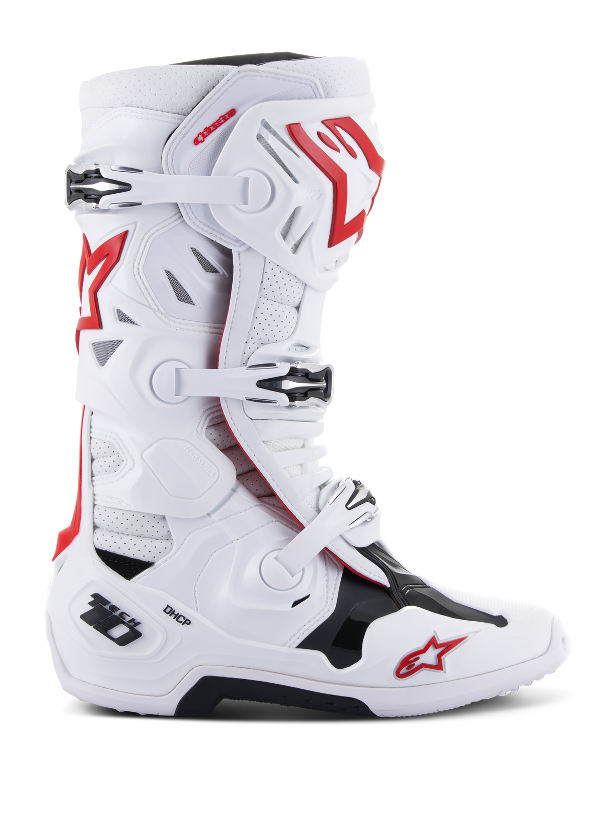 Alpinestars Tech 10 Supervented Boots, buty motocrossowe off-road, biało-czerwono-czarne, system zapinania na wiele klamer, perforowane panele wentylacyjne, czerwone logo gwiazdy, technologia DHCP, wzmocnione panele ochronne, wytrzymała podeszwa terenowa