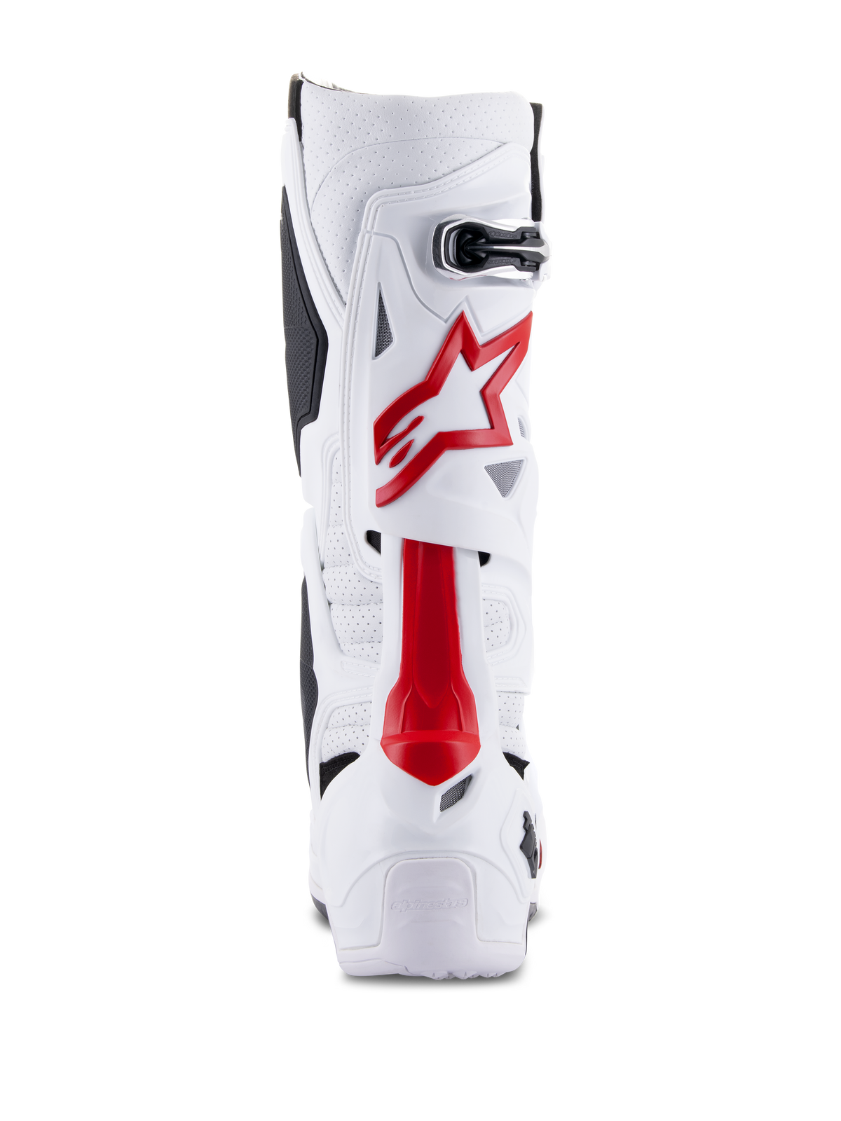 Buty Alpinestars Tech 10 Supervented, buty motocrossowe, białe i jaskrawoczerwone, widok z tyłu ukazujący wentylowaną mikrofibrę, czerwone logo gwiazdy i wzmocnioną skorupę TPU dla wydajności w terenie