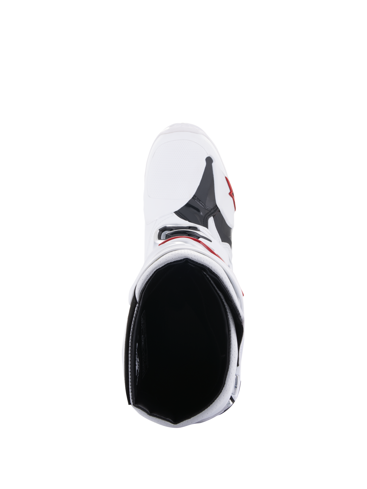 Alpinestars Tech 10 Supervented Boots, buty motocrossowe, białe i jaskrawoczerwone, widok z góry pokazujący wewnętrzną wyściółkę z siateczki i wentylowaną konstrukcję cholewki, wysokiej klasy sprzęt do wyścigów terenowych