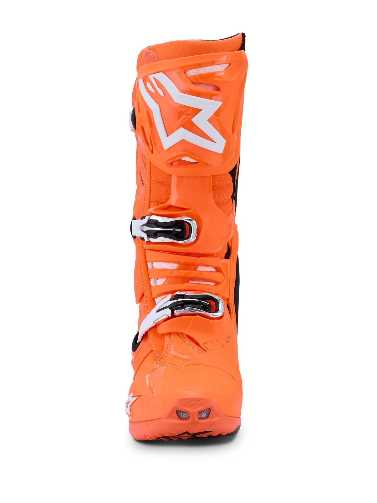Alpinestars Tech 10 Supervented Boots, pomarańczowy fluo, czarny i biały, widok z przodu pojedynczego jaskrawopomarańczowego buta motocrossowego, białe logo gwiazdy Alpinestars na ochraniaczu goleni, mechaniczne klamry i perforowane otwory wentylacyjne zapewniające wydajność w terenie.