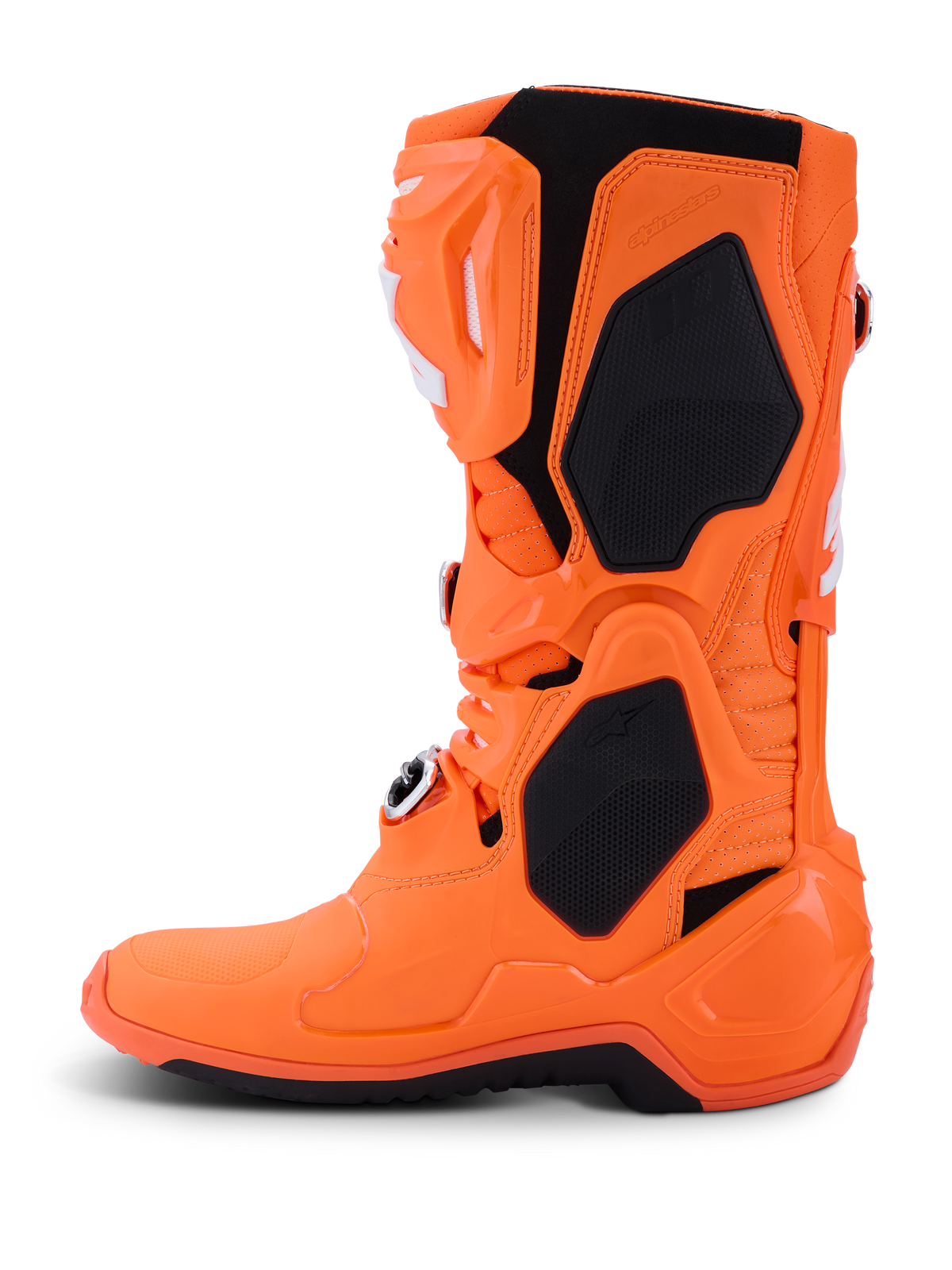 Alpinestars Tech 10 Supervented Boots, buty motocrossowe, pomarańczowe fluo i czarne, widok z boku, wentylowana skorupa TPU, panele z siatki zapewniające przepływ powietrza, regulowany system klamer, profesjonalny sprzęt do jazdy terenowej