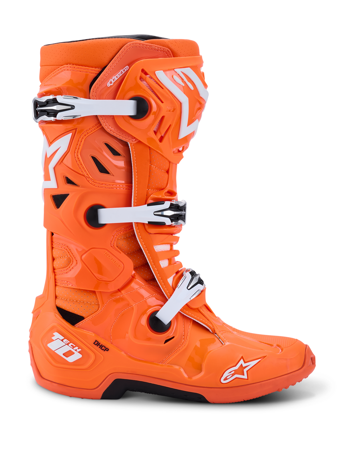 Alpinestars Tech 10 Supervented, buty motocrossowe, pomarańczowe fluo i białe, widok z boku z białymi klamrami mechanicznymi i czarnymi akcentami, wentylowana konstrukcja z perforowanymi panelami, profesjonalne ochronne obuwie wyścigowe