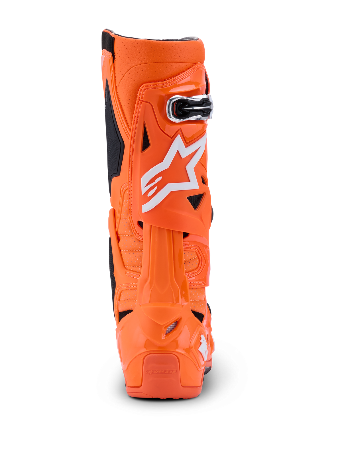 Buty Alpinestars Tech 10 Supervented, kolor pomarańczowy fluo, czarny i biały, widok z tyłu prezentujący profil, sztywna skorupa TPU z białym logo Alpinestars, profesjonalne obuwie motocrossowe