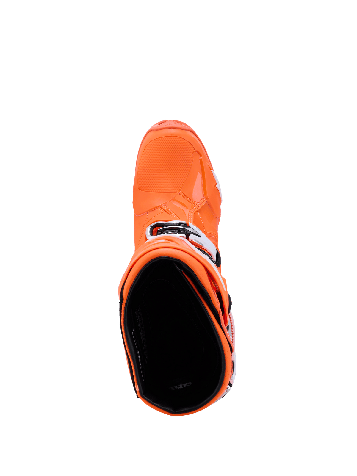 Buty Alpinestars Tech 10 Supervented, Orange Fluo Black White, widok z góry na wnętrze buta, prezentujący teksturowany czubek i boczne klamry, zaawansowane obuwie motocrossowe