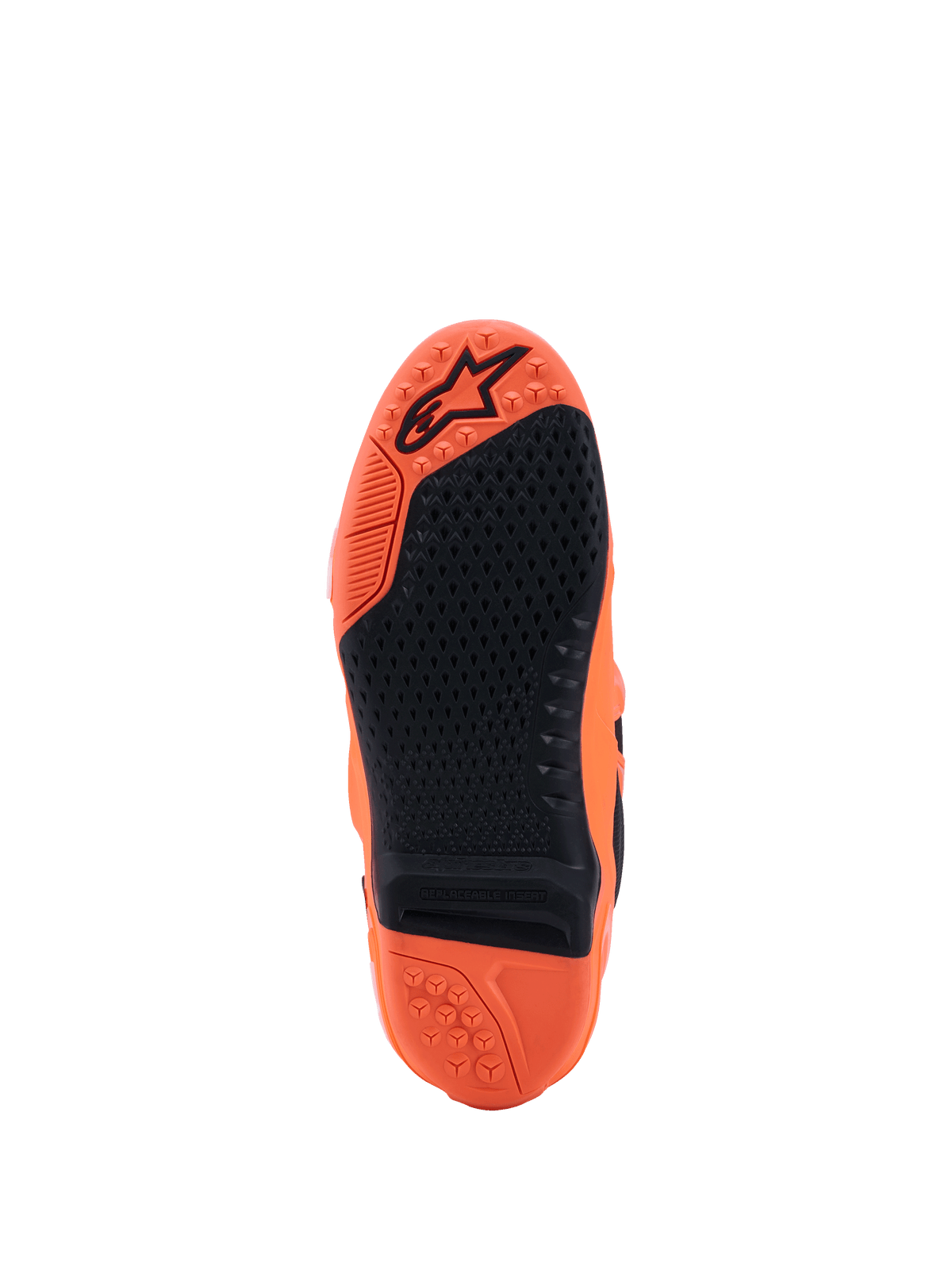 Buty Alpinestars Tech 10 Supervented, fluorescencyjny pomarańczowy i czarny, widok podeszwy z teksturowanym czarnym gumowym chwytem, wymienną wkładką środkową i wytłoczonym logo na pomarańczowym bieżniku, zaprojektowane z myślą o wydajności w motocrossie.