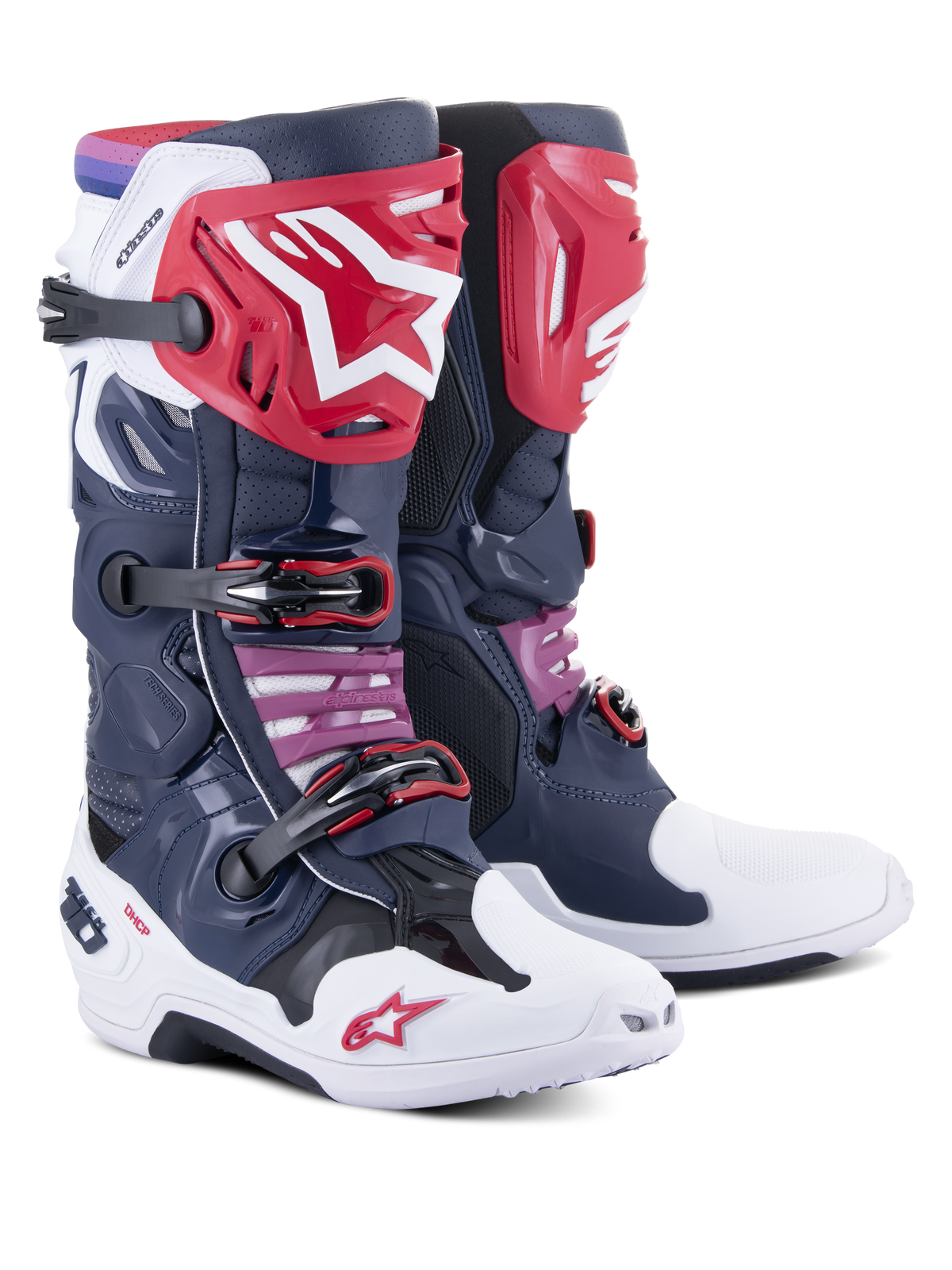 Alpinestars Tech 10 Supervented Boots, Motocross Boots, Night Navy White Rainbow, featuring red shin plates with a white star logo, multiple black buckles, and perforated mesh panels for high airflow.