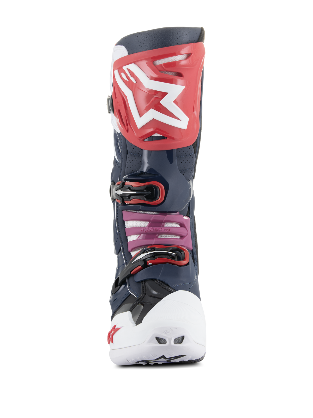 Alpinestars Tech 10 Supervented Boots, Motocross Boots, Night Navy White Rainbow, front view featuring a red shin plate with white logo, white ventilated toe box, and navy perforated microfiber construction for maximum ventilation.