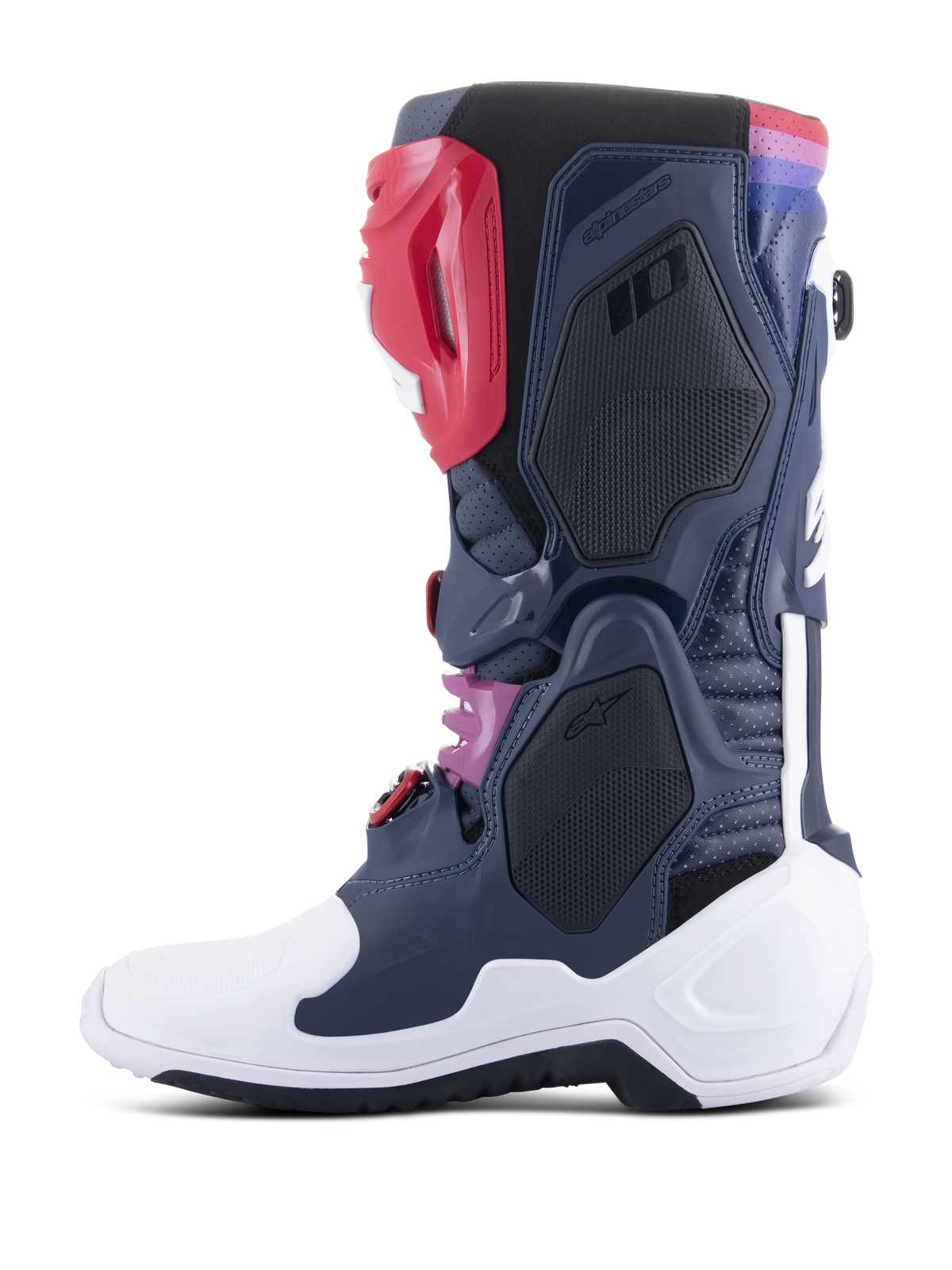 Alpinestars Tech 10 Supervented Boots, Motocross Boots, Night Navy White Rainbow, side profile view showing ventilated mesh panels, white protective shell, and colorful accents, high-performance off-road footwear.