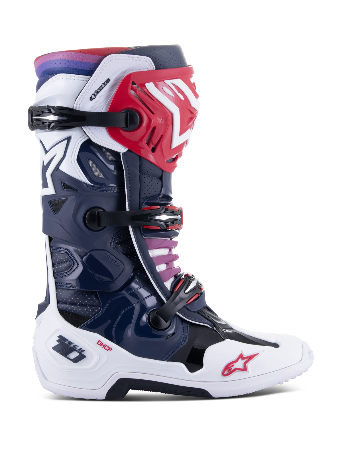 Alpinestars Tech 10 Supervented Boots, Motocross Racing Boots, Night Navy White Rainbow colorway, side profile view, featuring navy blue and white shell with red accents, black buckle straps, and a purple to red gradient at the top cuff, high-performance ventilated construction for off-road racing protection
