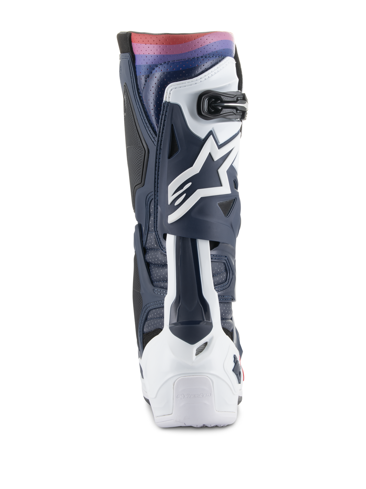 Alpinestars Tech 10 Supervented Boots, Motocross Boots, Night Navy White Rainbow, rear-facing view showing the navy and white TPU structure with a vibrant rainbow gradient at the top, featuring the white Astars logo and ventilated panels for off-road performance.