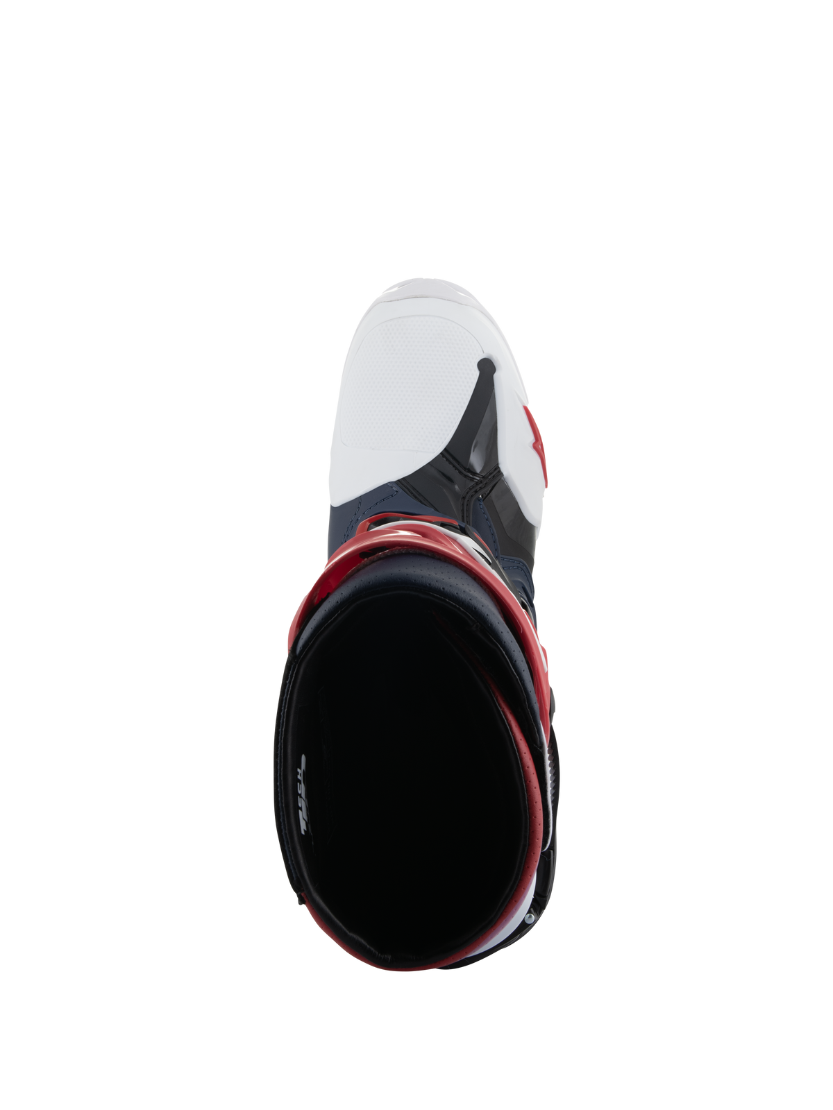 Alpinestars Tech 10 Supervented Boots, top-down view looking into the boot opening, Night Navy White Rainbow, featuring a white ventilated toe box and red accents, high-performance motocross footwear designed for maximum airflow.