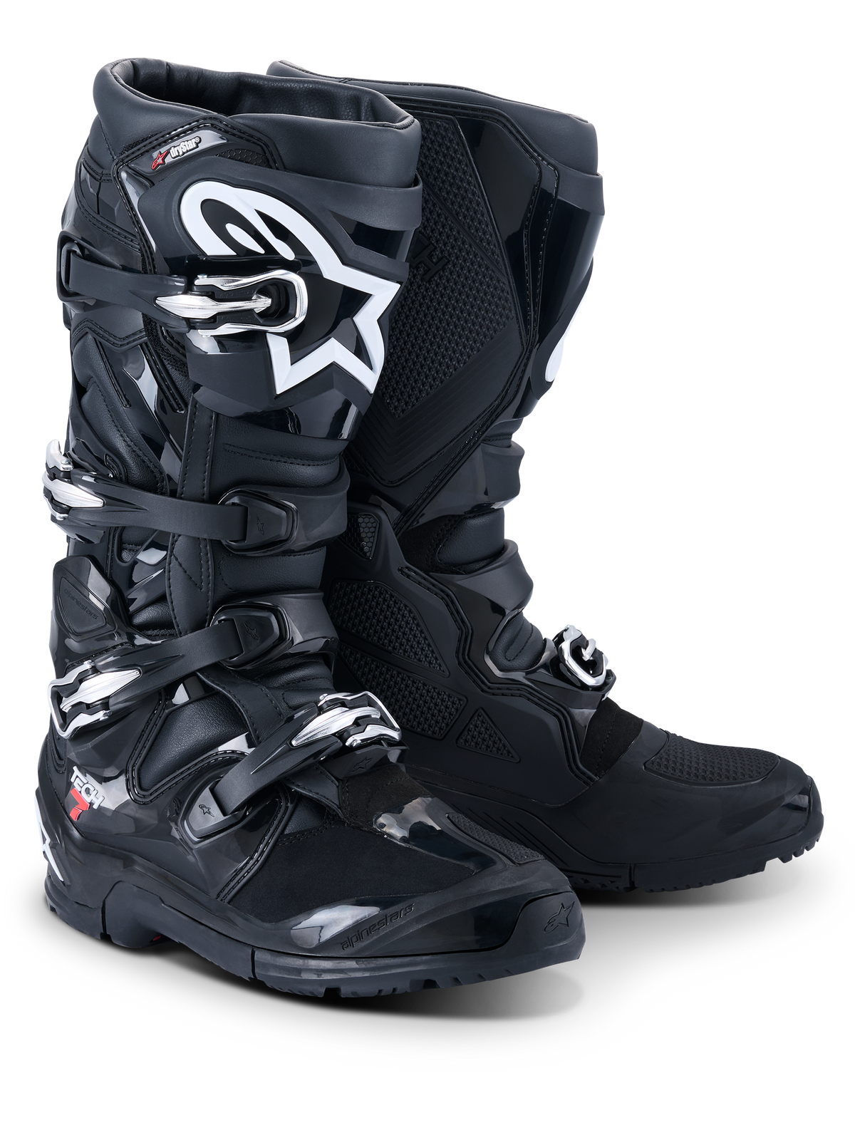 Alpinestars 2026 Tech 7 Enduro Drystar® Boots, profesjonalne buty motocrossowe i enduro, czarne, system zapięcia na cztery klamry, białe logo Astar na goleni, wytrzymałe panele ochronne TPU, specjalistyczna podeszwa zapewniająca przyczepność w terenie