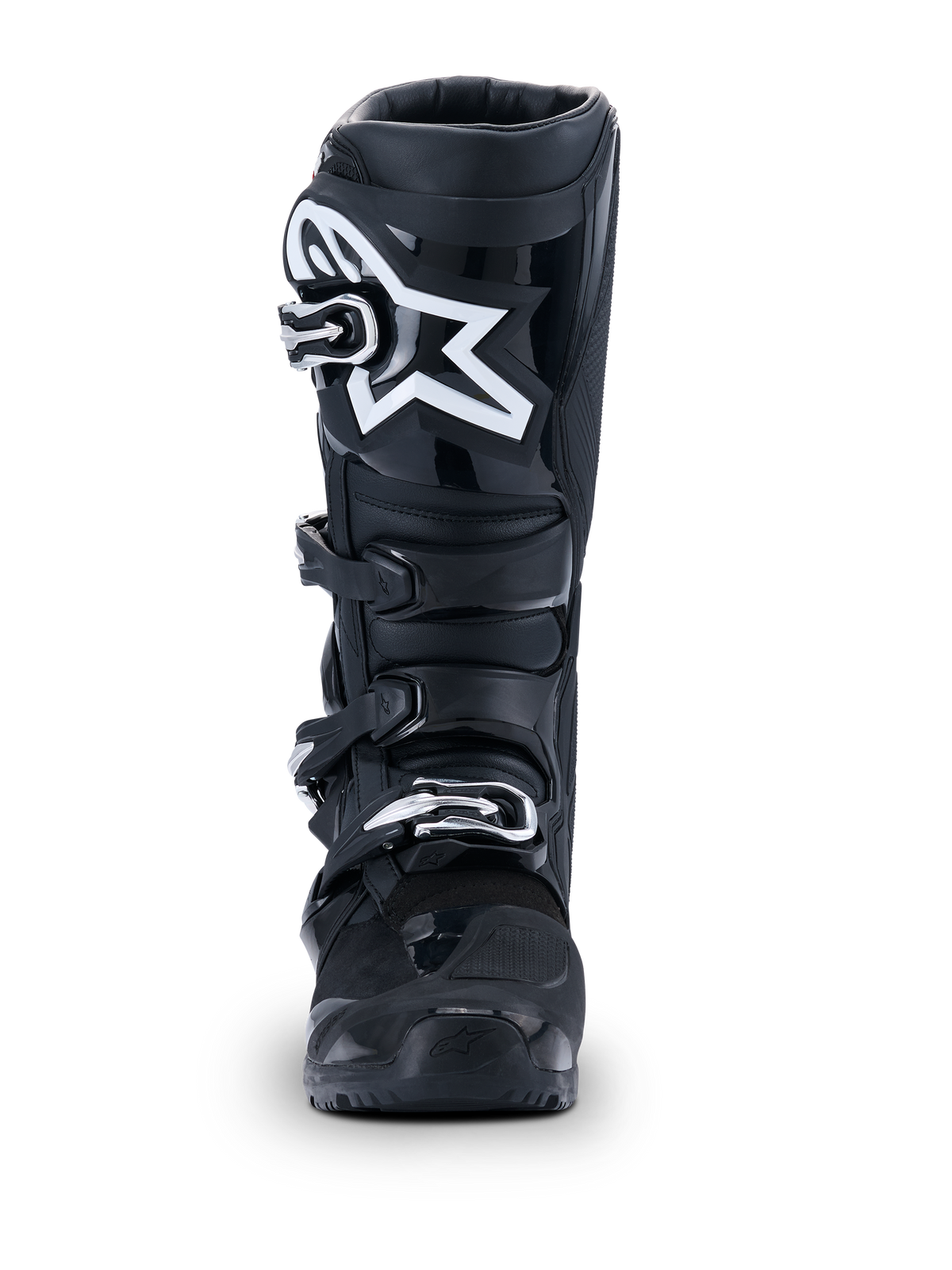 Alpinestars 2026 Tech 7 Enduro Drystar® Boots, czarne buty motocrossowe, widok z przodu, z wytrzymałym systemem czterech klamer i wyraźnym białym logo gwiazdy na goleniu, zaprojektowane do jazdy off-road i enduro