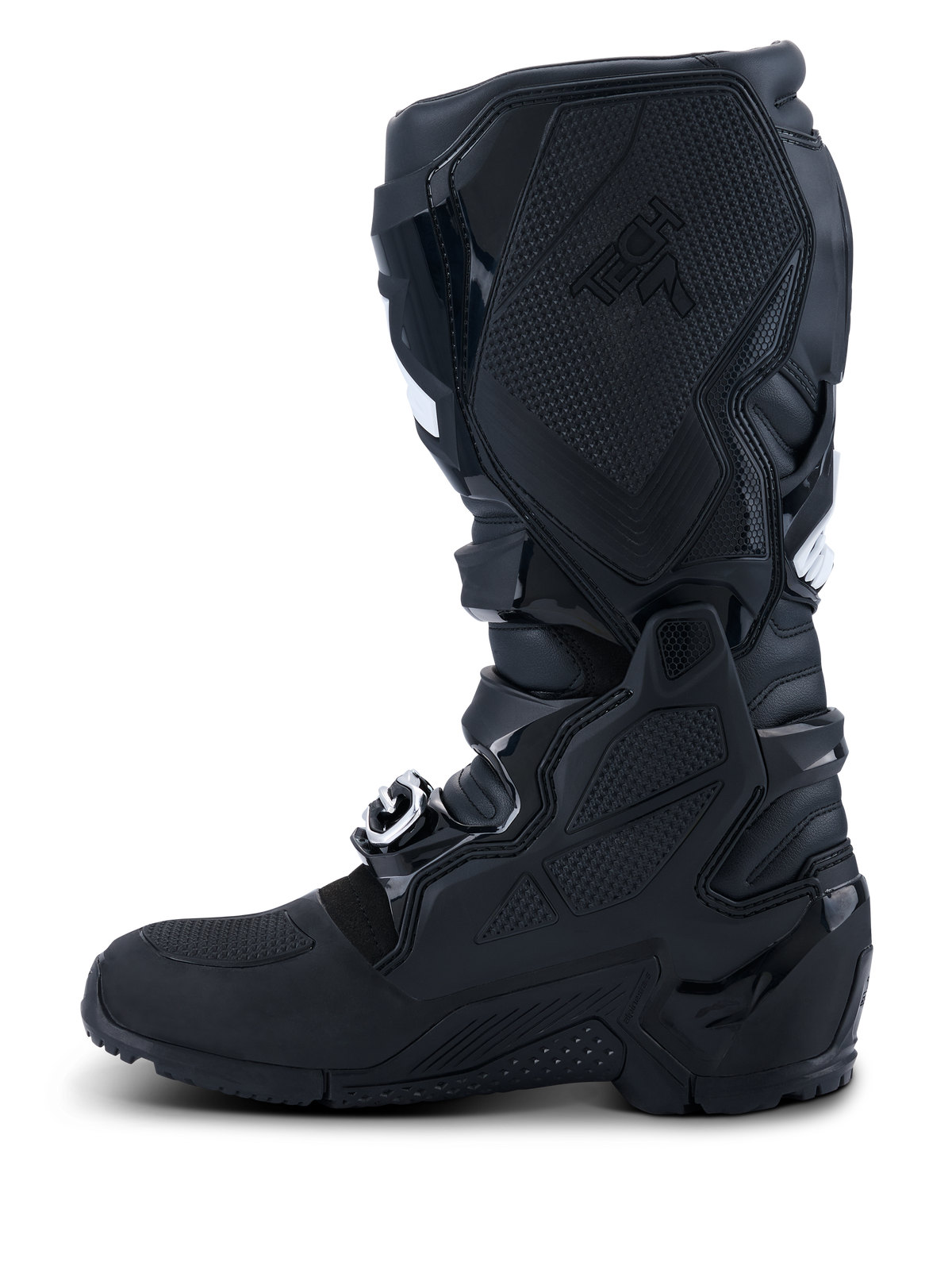 Alpinestars Tech 7 Enduro Drystar® 2026, czarne, widok z profilu od strony wewnętrznej, rozległa ochrona TPU, podwójny system obrotowy, specjalistyczne teksturowane panele przyczepne dla lepszej kontroli, wodoodporna konstrukcja do wyścigów terenowych i enduro