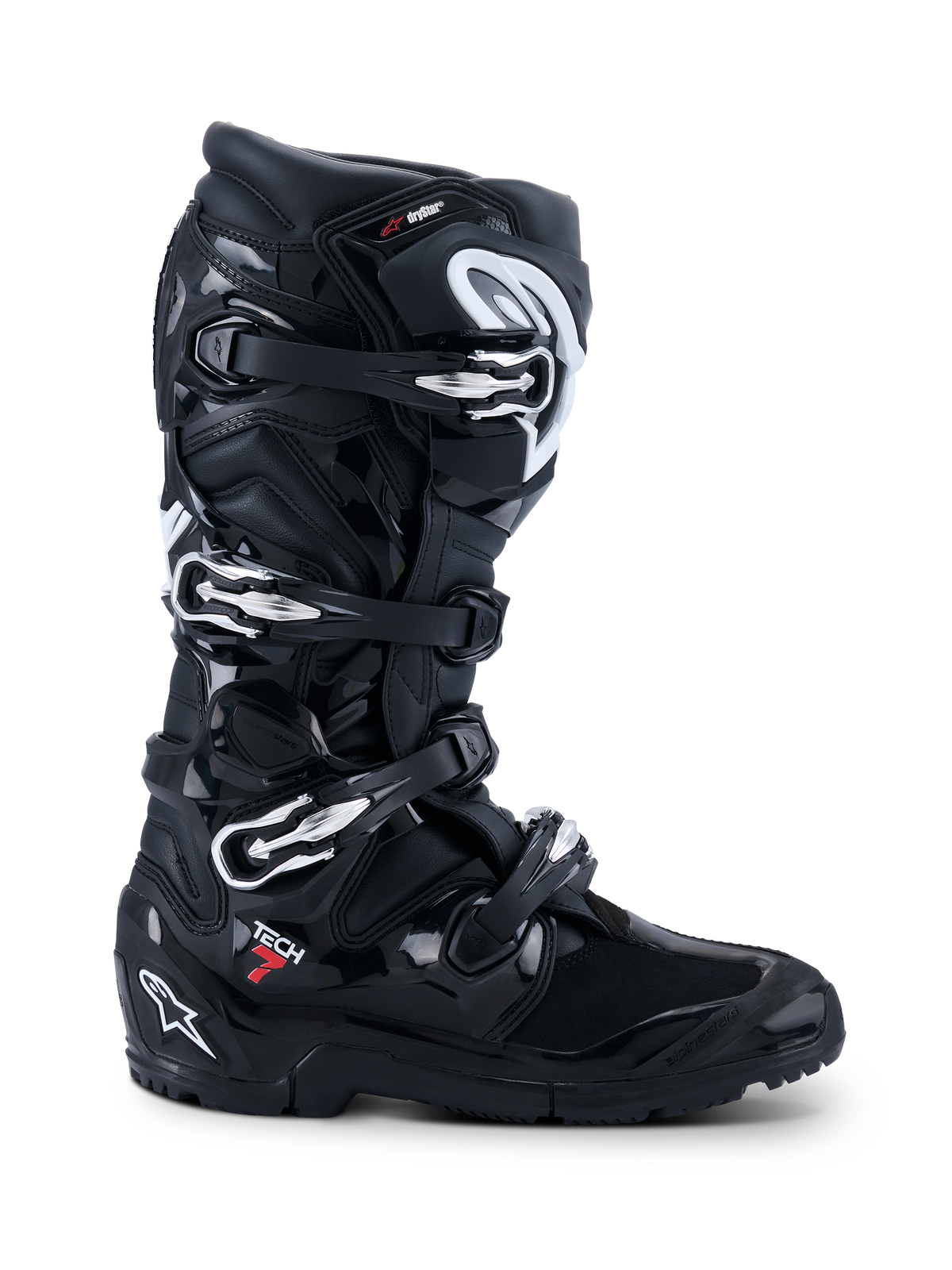 Buty Alpinestars 2026 Tech 7 Enduro Drystar®, czarne buty motocyklowe off-road, widok z profilu z czterema srebrnymi klamrami, wytrzymała podeszwa enduro z podwójnego związku, rozległa ochrona TPU z matowym i błyszczącym czarnym wykończeniem
