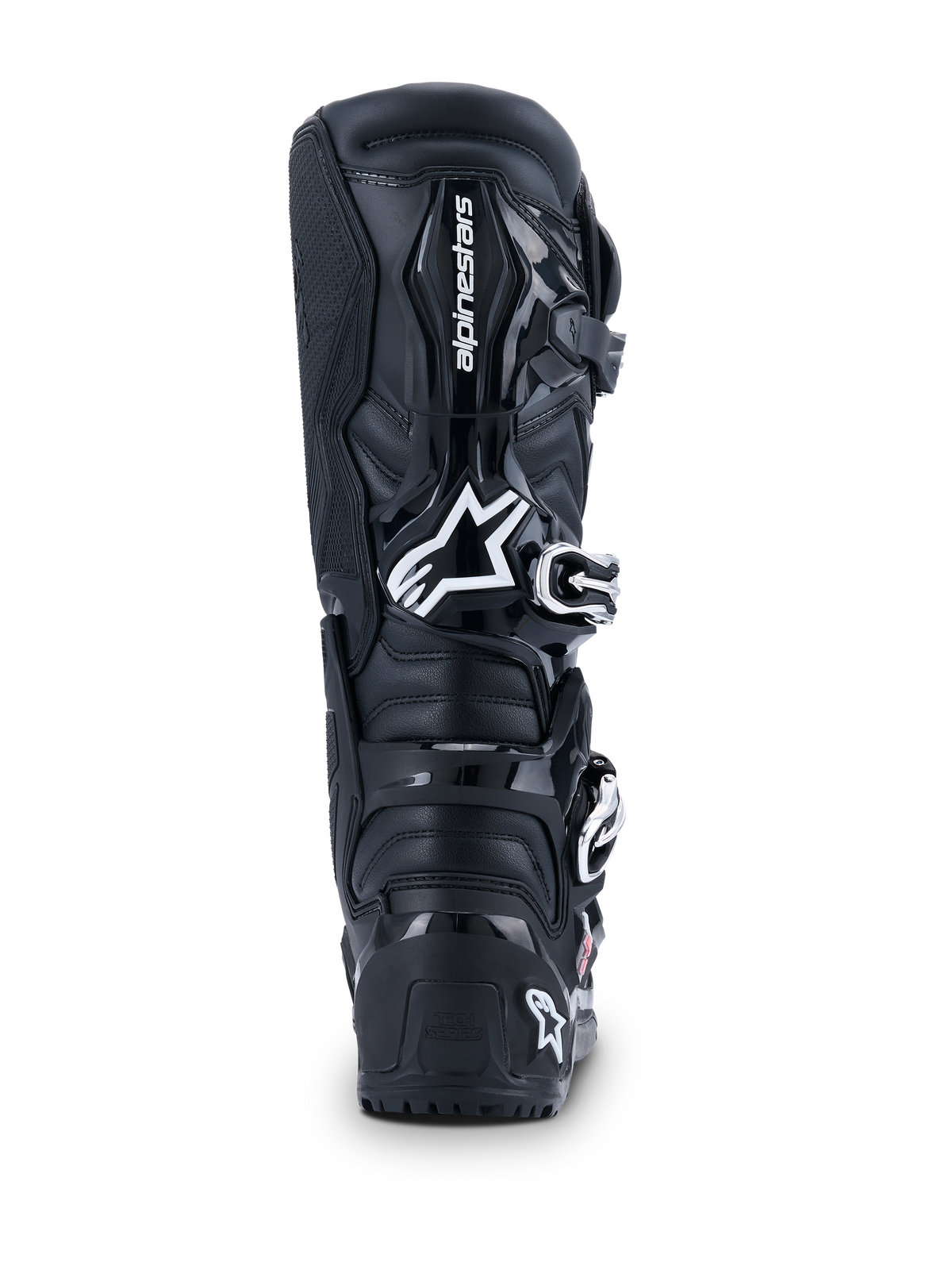 Buty Alpinestars 2026 Tech 7 Enduro Drystar®, buty motocrossowe, czarne, widok z tyłu z białym logo Alpinestars na łydce, wytrzymałe panele ochronne TPU, solidna konstrukcja do jazdy off-road i enduro