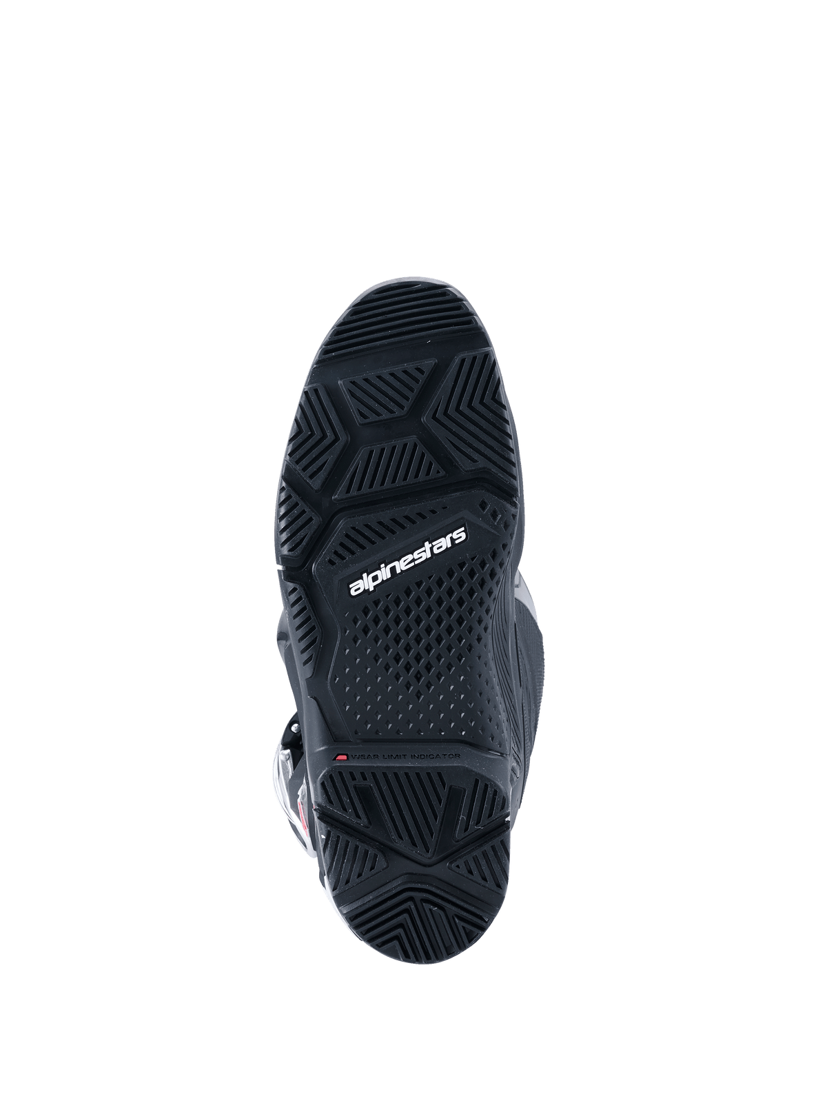 Buty Alpinestars 2026 Tech 7 Enduro Drystar®, czarne, widok od spodu specjalistycznej podeszwy enduro o podwójnym związku, geometryczne wzory bieżnika zapewniające przyczepność w każdym terenie, białe logo Alpinestars