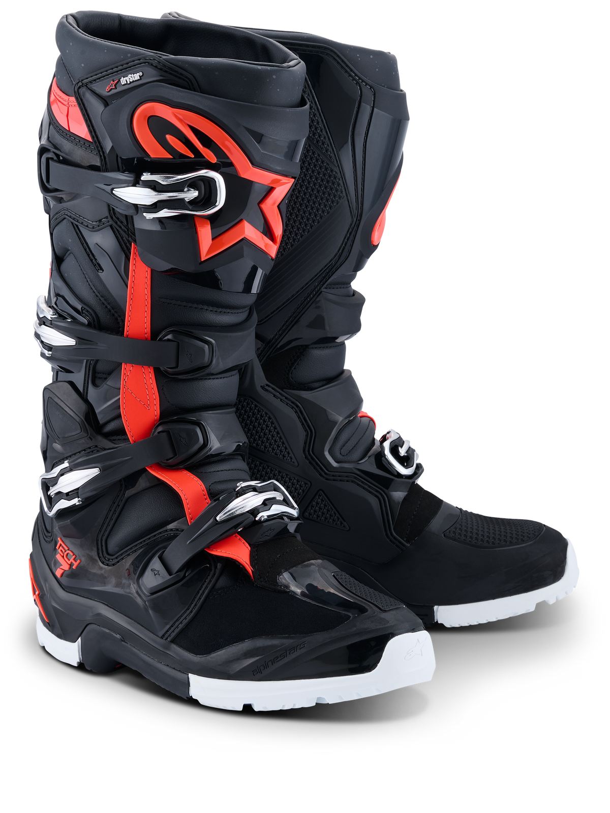 Buty Alpinestars Tech 7 Enduro Drystar 2026, buty enduro i motocrossowe, czarno-czerwone (fluo) i białe, fluorescencyjne czerwone akcenty i logo gwiazdy, system zapięć na klamry, wytrzymałe białe podeszwy do jazdy w terenie