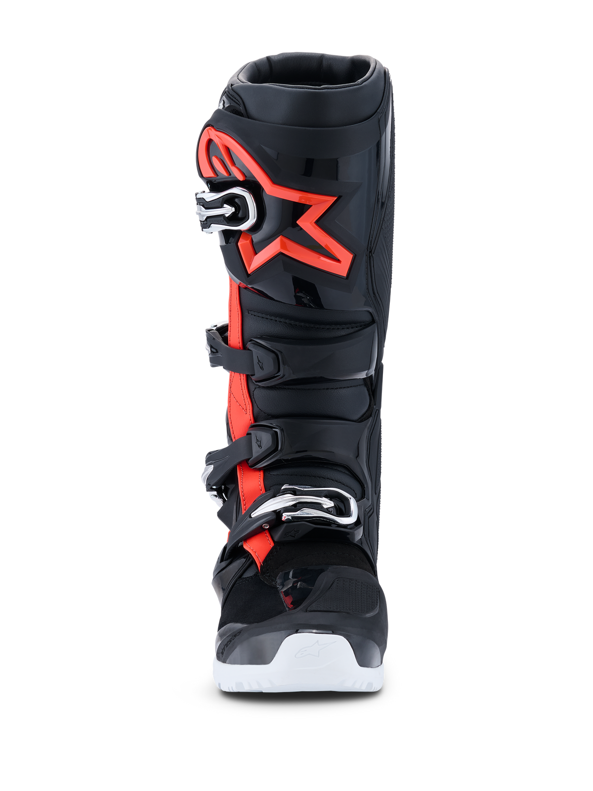Buty Alpinestars 2026 Tech 7 Enduro Drystar®, buty motocrossowe i enduro, czarne, czerwone fluo i białe, widok z przodu, system zapięcia na cztery klamry, wzmocniony ochraniacz goleni z TPU z dużym czerwonym logo, biała podeszwa, wodoodporna konstrukcja off-road