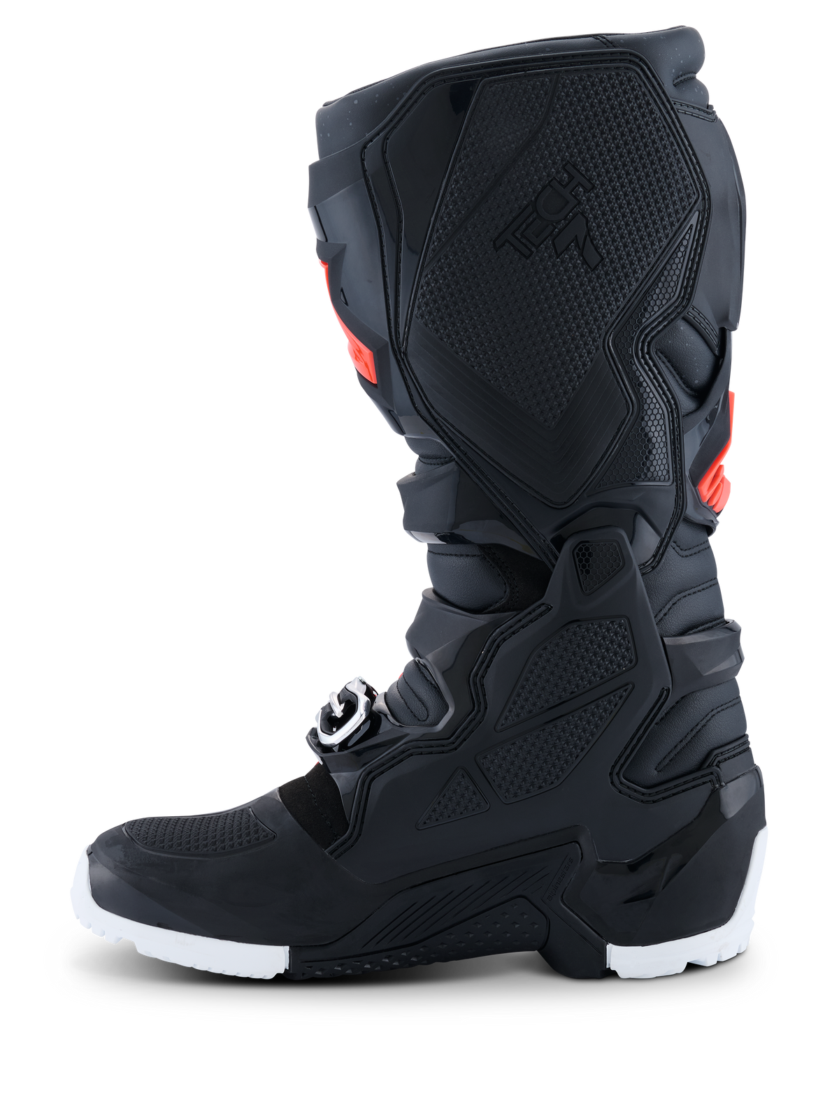 Buty Alpinestars 2026 Tech 7 Enduro Drystar®, buty motocyklowe enduro, czarne z neonowymi czerwonymi i białymi akcentami, widok z boku podkreślający przyśrodkowy panel chwytny TPU o strukturze plastra miodu i białą podeszwę, wytrzymała wodoodporna konstrukcja do jazdy w terenie