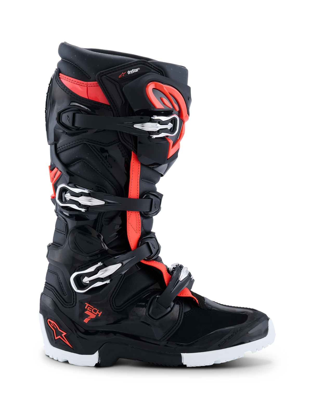 Alpinestars 2026 Tech 7 Enduro Drystar® Boots, buty motocrossowe i enduro, czarne, czerwone fluo i białe, profil boczny ukazujący cztery srebrno-czarne klamry, wzmocniona skorupa TPU oraz solidna biało-czarna podeszwa dedykowana do enduro, z logo Drystar i Tech 7