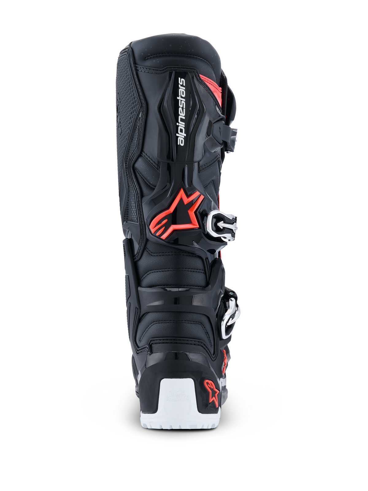 Buty Alpinestars 2026 Tech 7 Enduro Drystar®, buty motocyklowe enduro/motocross, czarne, czerwone fluorescencyjne i białe, widok z tyłu ukazujący ochronną skorupę TPU, logo Alpinestars, biomechaniczny przegub oraz białe wzmocnienie dolnej podeszwy.