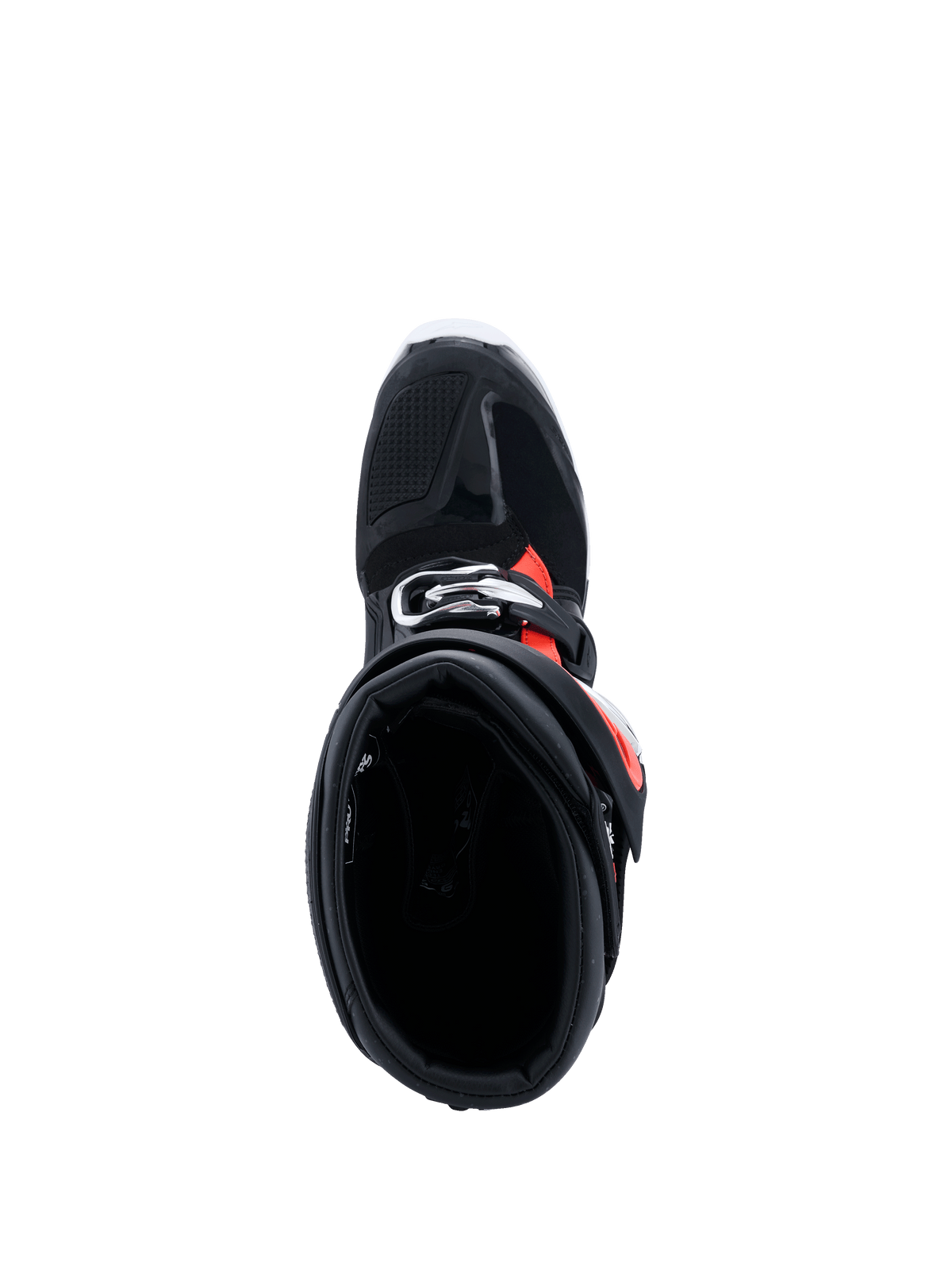Buty Alpinestars Tech 7 Enduro Drystar® 2026, czarne, czerwone fluo i białe, widok z góry na wnętrze kołnierza buta, prezentujący szeroki otwór wlotowy i wewnętrzną wyściółkę, ochronne obuwie enduro do jazdy w terenie