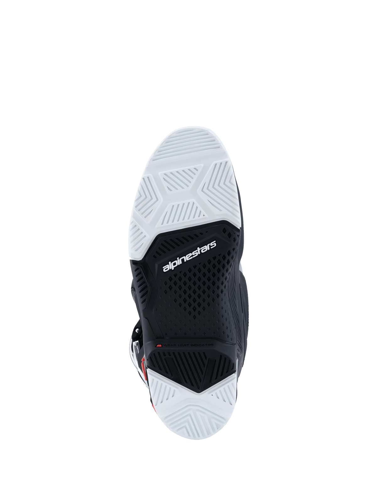Buty Alpinestars 2026 Tech 7 Enduro Drystar®, widok podeszwy, czarno-biała mieszanka gumy o podwójnej gęstości, teksturowane geometryczne wzory bieżnika, logo Alpinestars i wskaźnik zużycia, zaprojektowane dla trakcji off-road i enduro