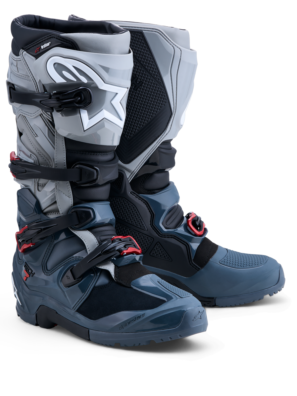 Buty Alpinestars Tech 7 Enduro Drystar, męskie buty motocyklowe terenowe, szare z czerwonymi akcentami, wodoodporne z membraną Drystar i certyfikowaną ochroną kostki CE.