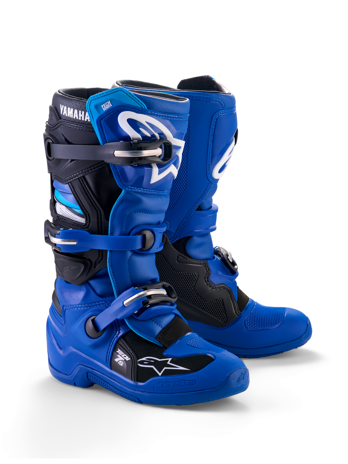 Buty Alpinestars Yamaha Youth Tech 7S, buty motocrossowe, niebiesko-czarno-białe, z systemem zapięć na klamry, ochronną skorupą TPU, białym logo Alpinestars i brandingiem Yamaha na cholewce