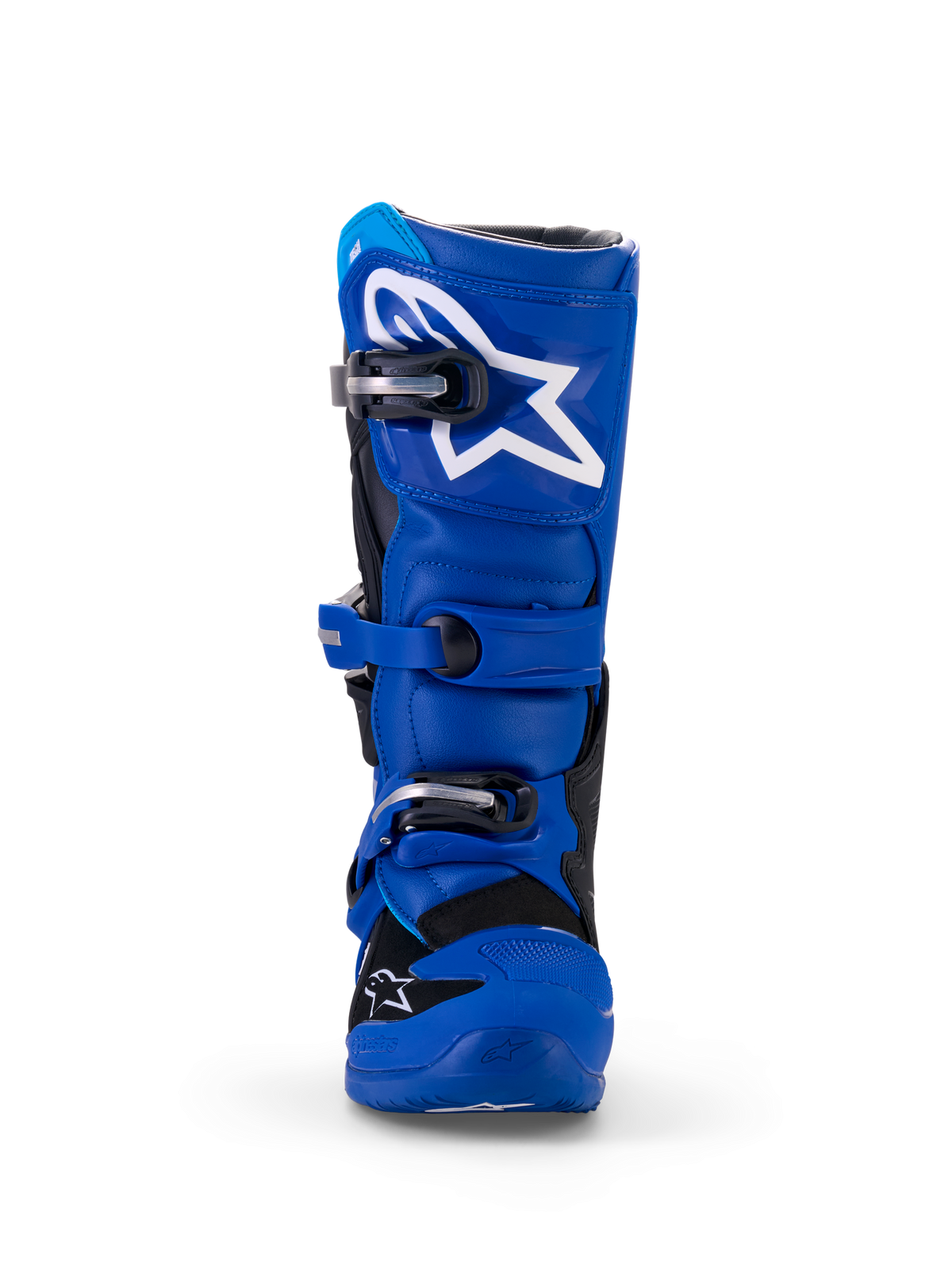 Alpinestars Yamaha Youth Tech 7S Boots, buty motocrossowe, niebiesko-czarno-białe, widok z przodu ukazujący osłonę goleni TPU z białym logo gwiazdy, regulowany system klamer i wytrzymałą konstrukcję ochronną off-road.