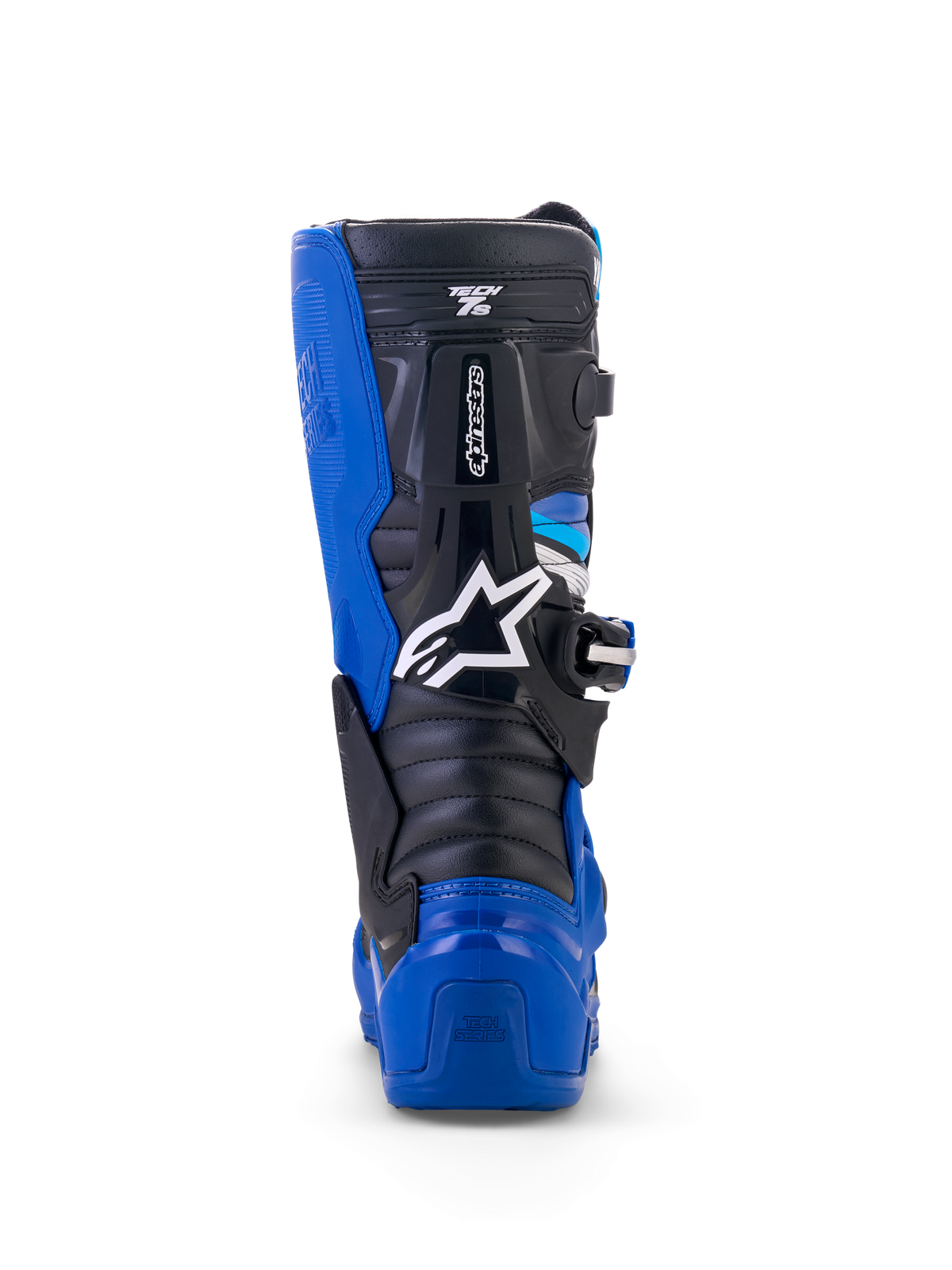 Buty Alpinestars Yamaha Youth Tech 7S, buty motocrossowe, niebiesko-czarno-białe, widok z tyłu eksponujący ochronę pięty i łydki z TPU, białe logo z gwiazdą, wytrzymała konstrukcja systemu zawiasowego