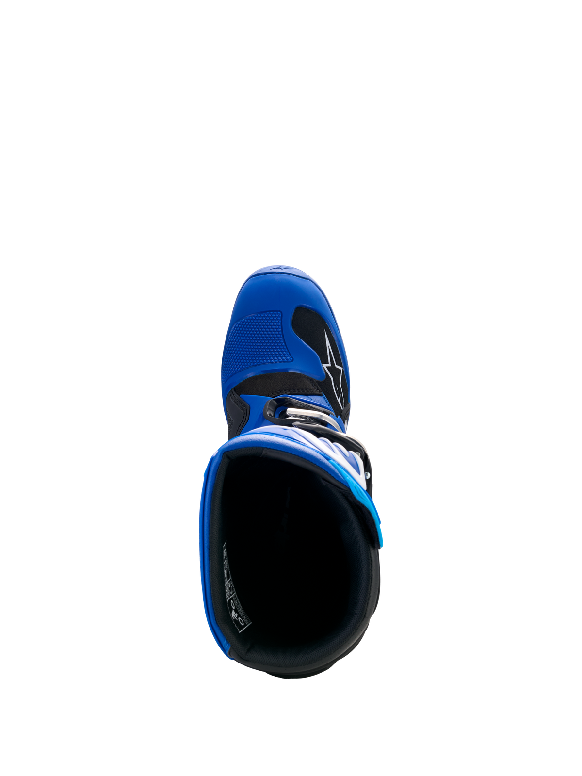 Alpinestars Yamaha Youth Tech 7S Boots, niebiesko-czarno-białe, widok z góry do wnętrza buta ukazujący wewnętrzną wyściółkę oraz osłonę palców z TPU z nakładką do zmiany biegów, młodzieżowe ochronne obuwie motocrossowe