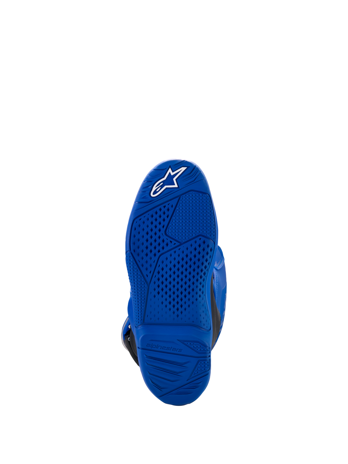 Alpinestars Yamaha Youth Tech 7S Boots, niebieskie, widok podeszwy pokazujący teksturowany wzór bieżnika i białe logo gwiazdy, wytrzymała gumowa konstrukcja do jazdy terenowej