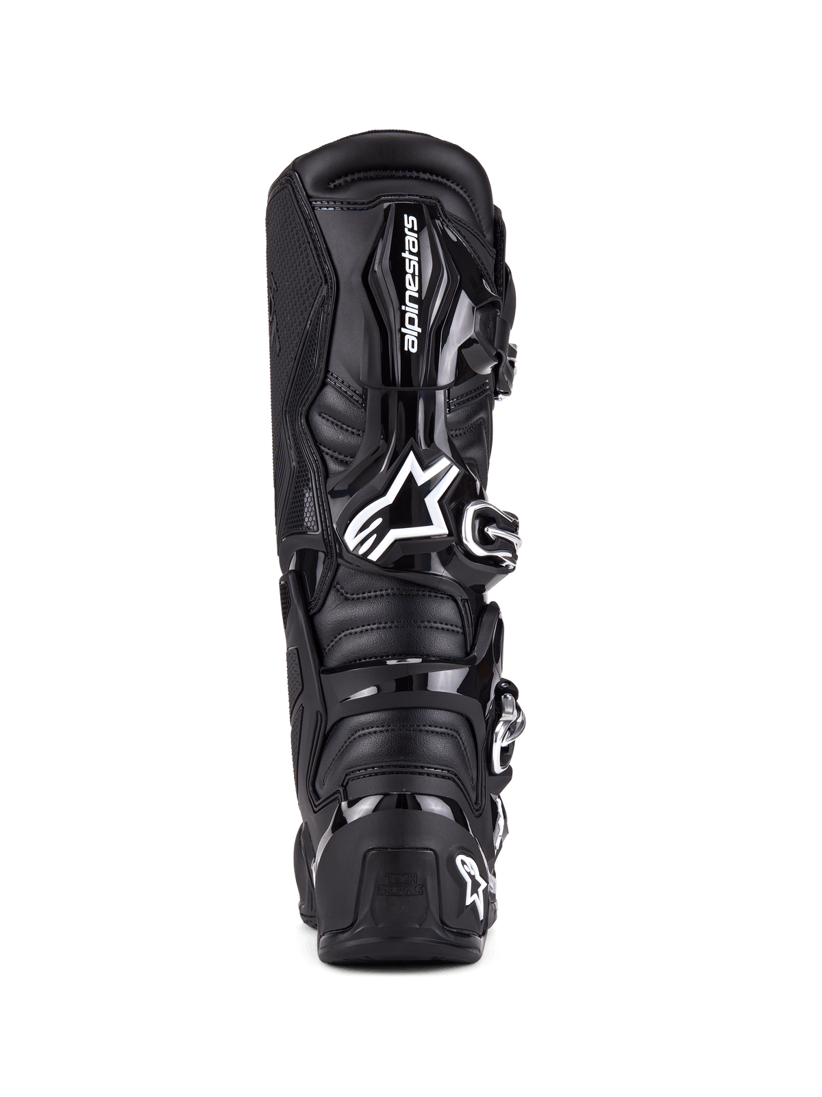 Buty Alpinestars Tech 7, buty motocrossowe, czarne, widok z tyłu z ochroną TPU, systemem zapięć na klamry i charakterystycznym logo marki