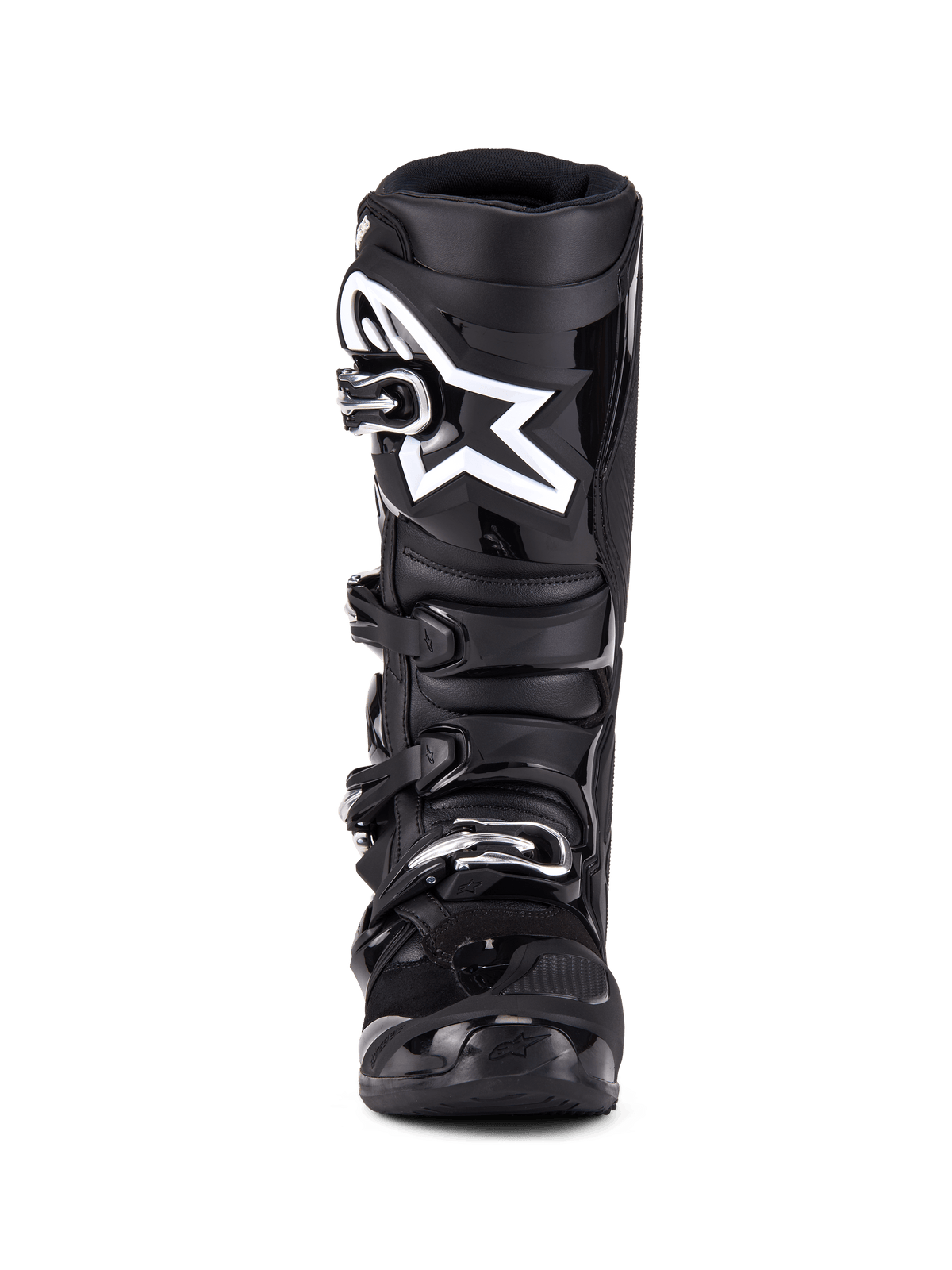 Alpinestars Tech 7, buty motocrossowe, czarne, widok z przodu z systemem zamykania na cztery klamry, wyraźne białe logo gwiazdy Alpinestars na płycie piszczelowej, wytrzymała skorupa TPU i wzmocniona ochrona do wyścigów terenowych.