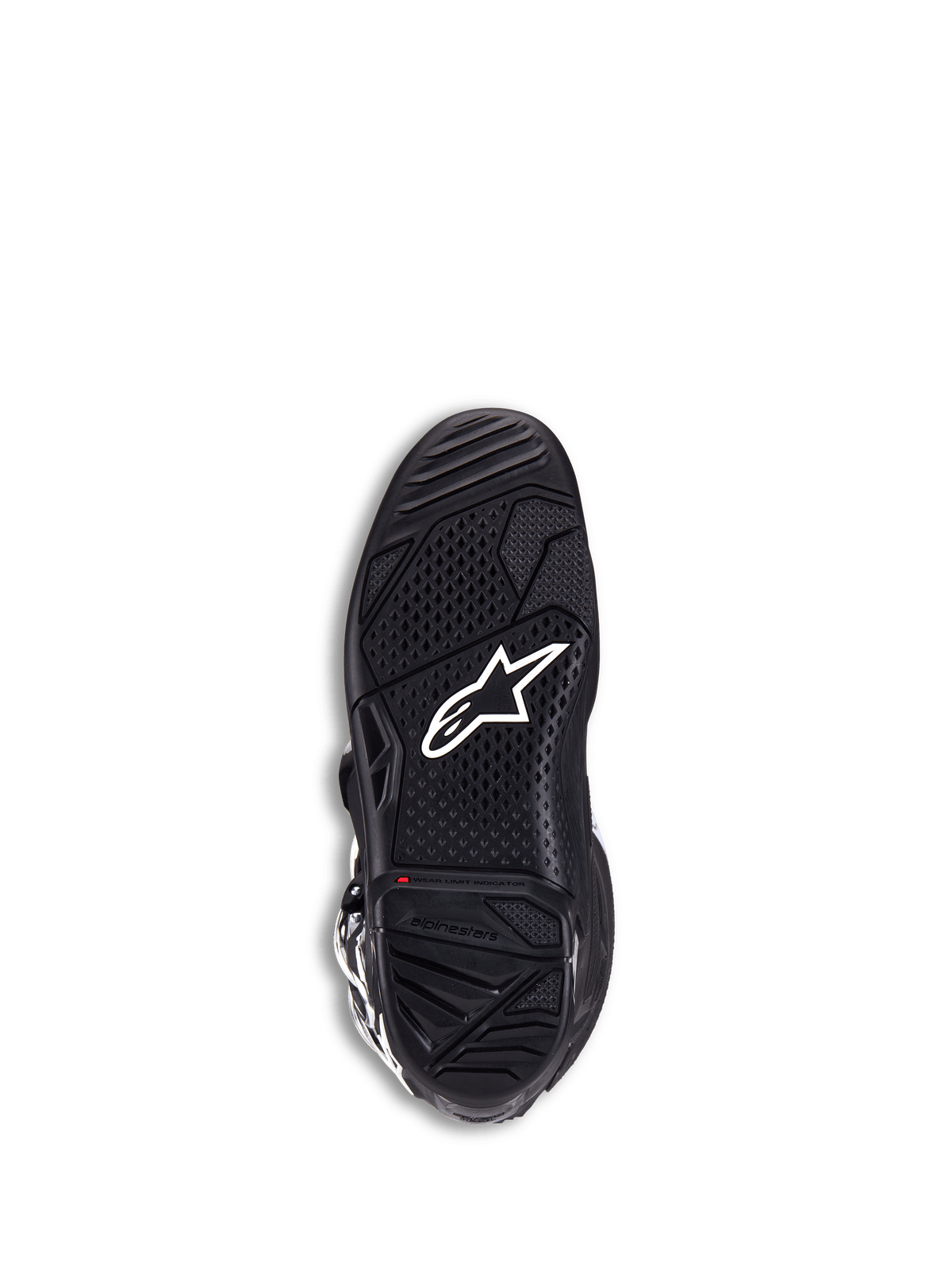 Buty Alpinestars Tech 7, buty motocrossowe, czarne, widok podeszwy z białym logo gwiazdy, teksturowana dwuskładnikowa guma dla maksymalnej przyczepności, czerwony wskaźnik zużycia
