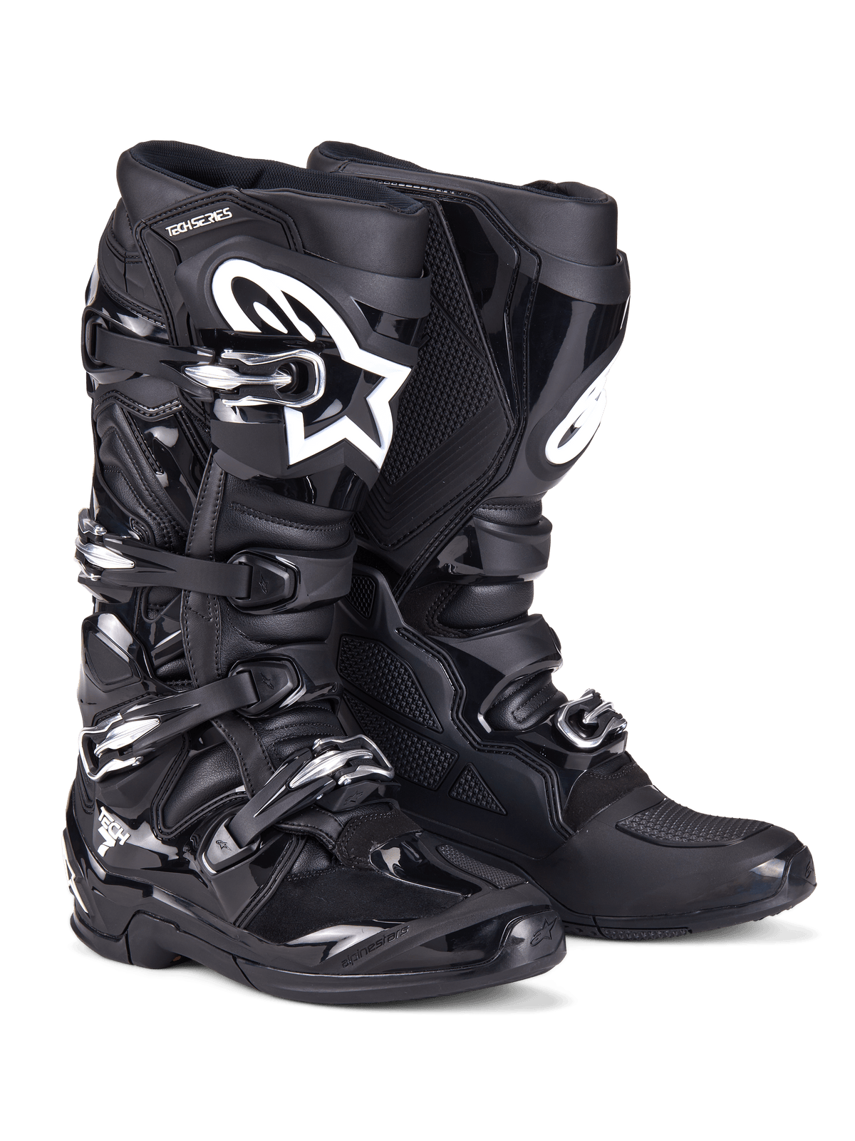 Buty Alpinestars Tech 7, buty motocrossowe, czarne, o wytrzymałej konstrukcji z systemem zapięcia na cztery klamry, panelami ochronnymi TPU i białym logo Alpinestars na goleni, profesjonalne obuwie off-road do wyścigów terenowych
