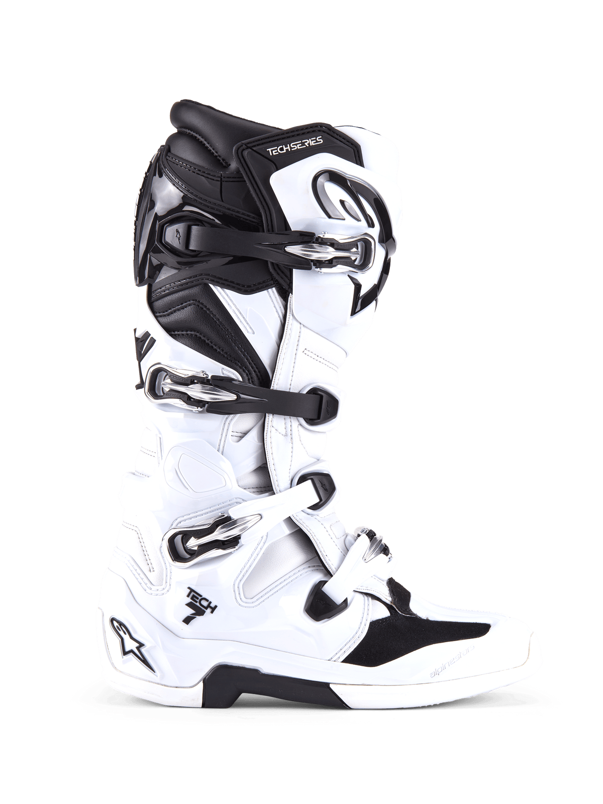 Alpinestars Tech 7 Boots, Motocross Off-Road Boots, White and Black, featuring four adjustable buckles and reinforced TPU shell, side profile of professional off-road footwear