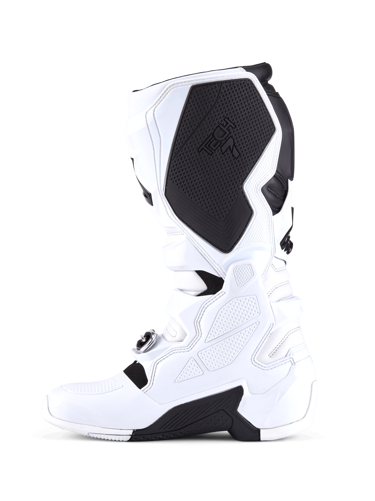 Alpinestars Tech 7 Boots, Motocross Boots, White and Black, medial side profile featuring a large black protective inner calf panel with Tech 7 branding, white TPU construction, and textured grip surfaces.