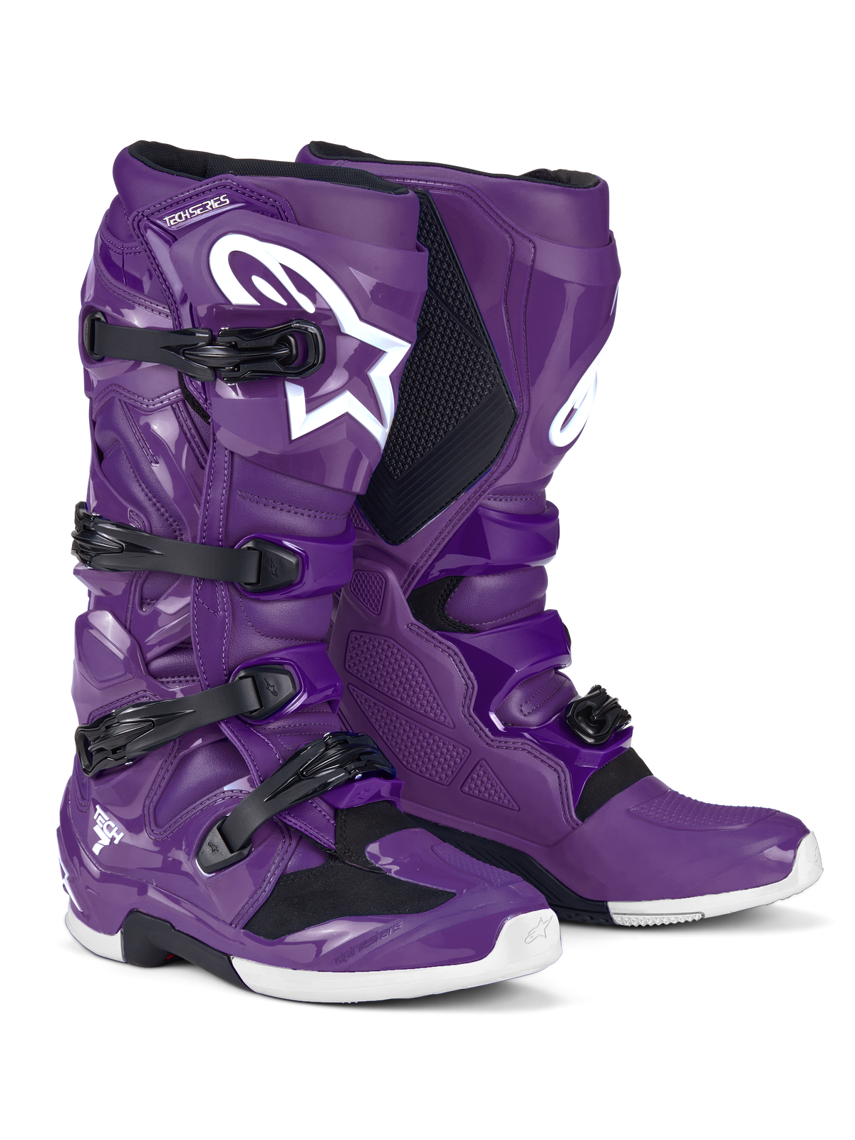 Alpinestars Tech 7 Boots, buty motocrossowe, fioletowe, z czarnymi klamrami i dużym białym logo Astars, wysokowydajna konstrukcja ochronna z zapięciem na cztery paski i trwałą skorupą TPU do wyścigów terenowych off-road