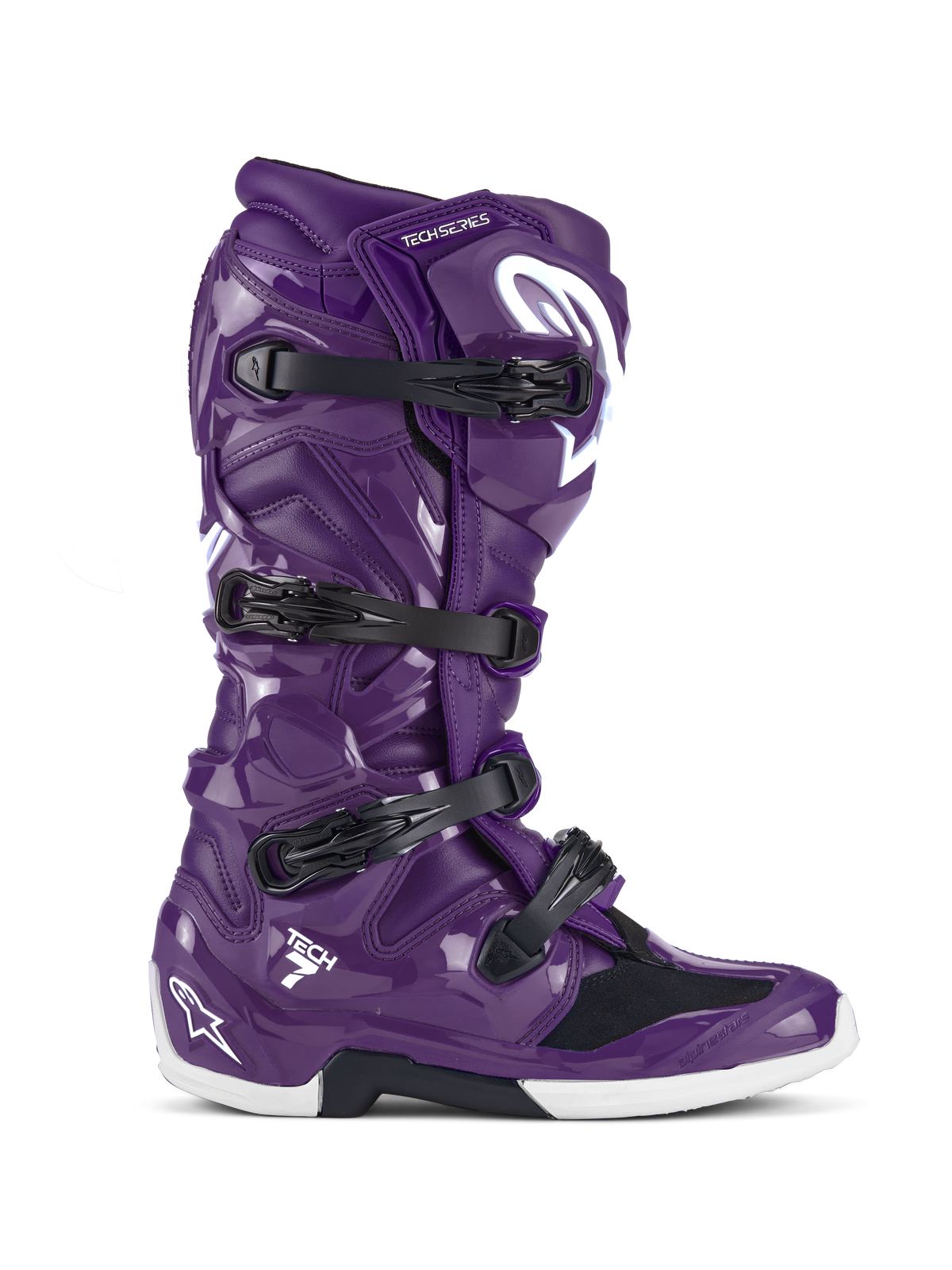 Alpinestars Tech 7 Boots, Motocross Off-Road Boots, Glossy Purple with Black buckles and White accents, lateral view, four-strap closure system, white Star logo on the heel and shin, durable TPU construction for off-road performance