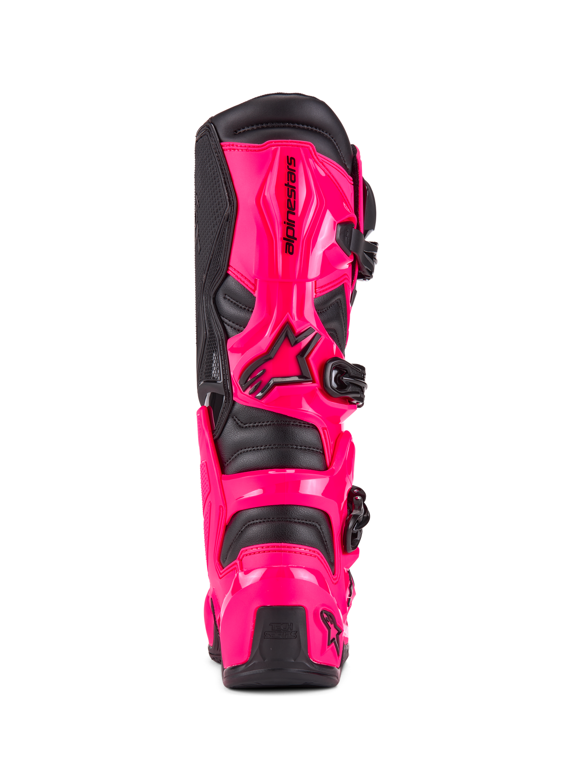 Buty Alpinestars Tech 7, buty motocrossowe, różowo-czarne (Diva Pink), widok z tyłu pokazujący ochronę pięty i łydki z TPU odpornego na uderzenia, czarny system klamer, wytrzymała konstrukcja do jazdy w terenie