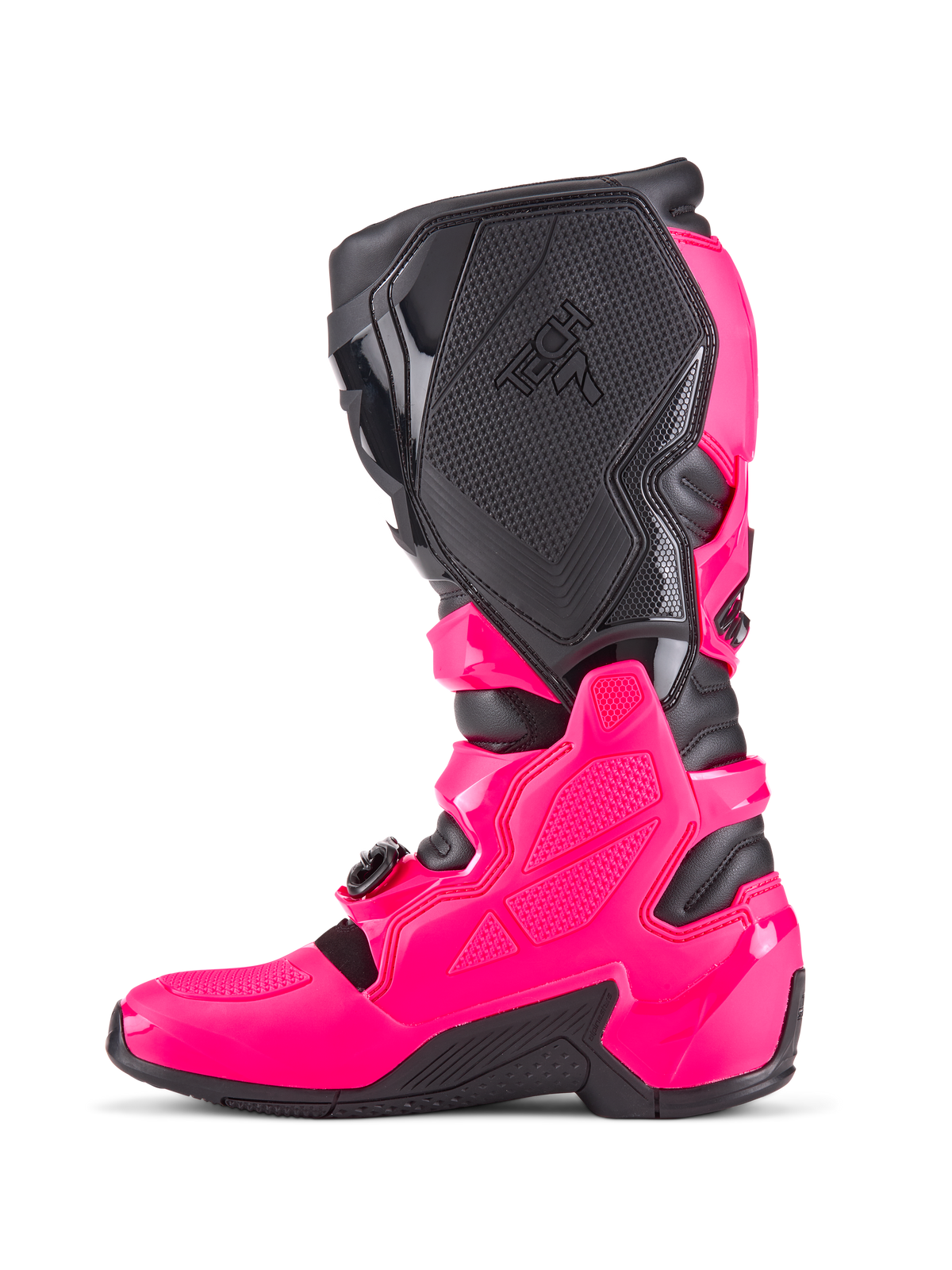 Alpinestars Tech 7 Motocross Boots, róż Diva Pink i czarny, profil boczny z ochronną skorupą TPU, teksturowane panele przyśrodkowe z logo Tech 7 i wytrzymała czarna podeszwa, profesjonalne obuwie wyścigowe off-road